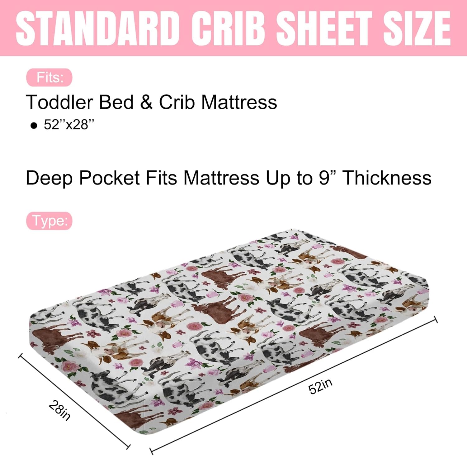 Watercolor Cows Boho Floral Baby Crib Sheets 52''x28'' Farm Cows Cattle Yak Fitted Crib Mattress Cover Sheets for Boy Girl Nursery Toddler Bed Sheets for Standard Crib and Toddler Mattresses