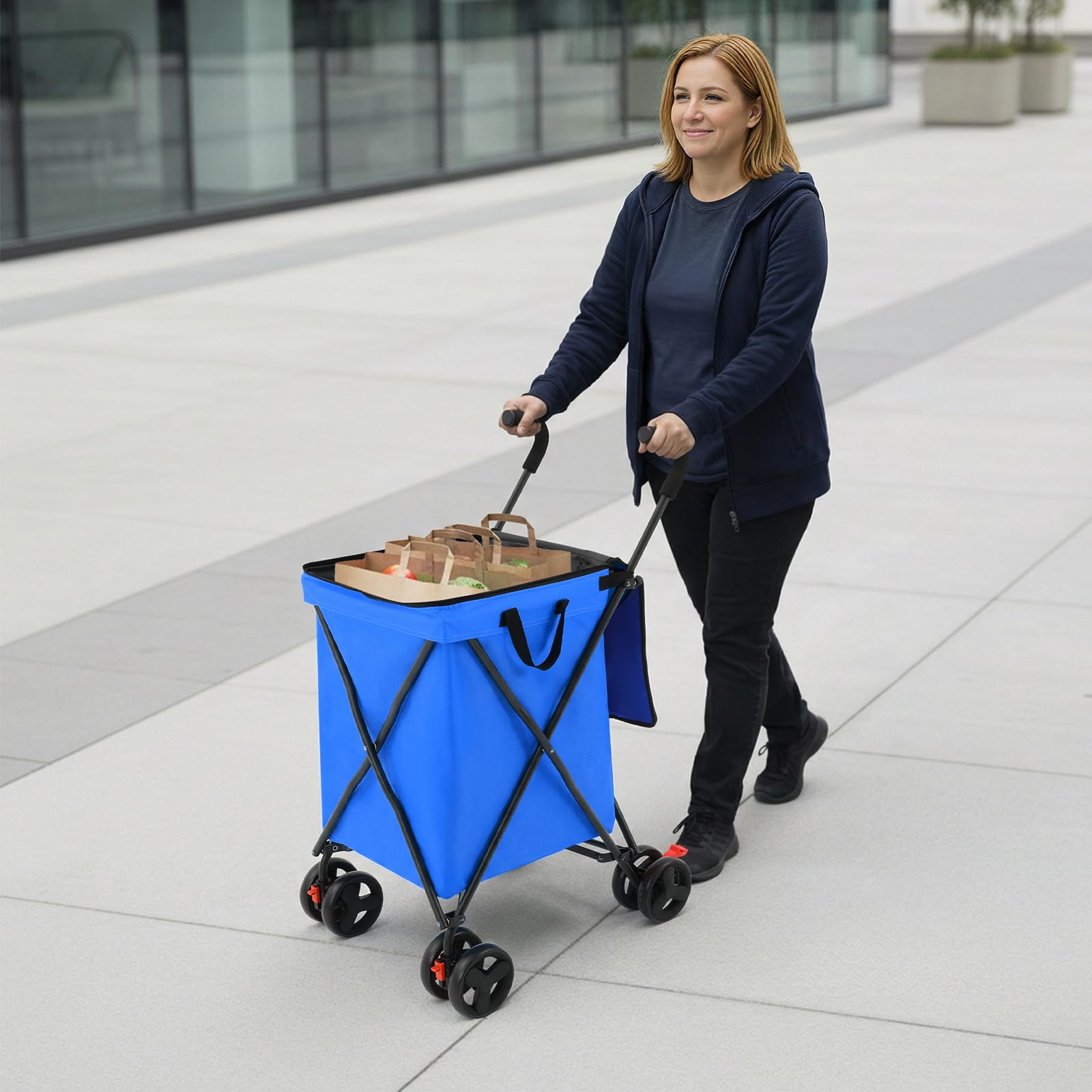 Carrello pieghevole con borsa da 38 l, portata fino a 70 kg, con ruote anteriori orientabili e freni, per shopping, campeggio, animali domestici (blu)