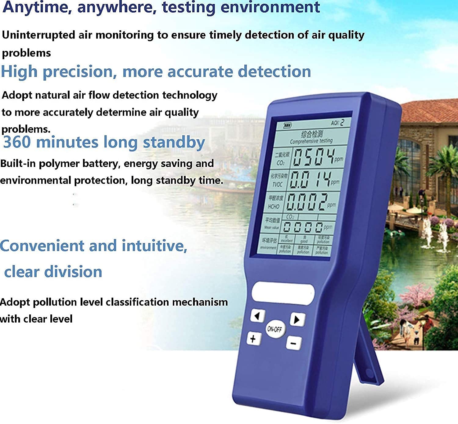 Detektor formaldehydu, niebieski czujnik jakości powietrza, cyfrowy wyświetlacz LCD Analizator gazu Monitor Quality Air Quality for Home Indoor Outdoor