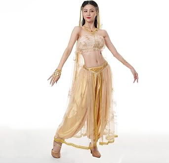 MISI CHAO Belly Dance Costume - Bollywood Indian Aladdin Halloween Outfit Arabian Princess Costumes Gold with Head Veil