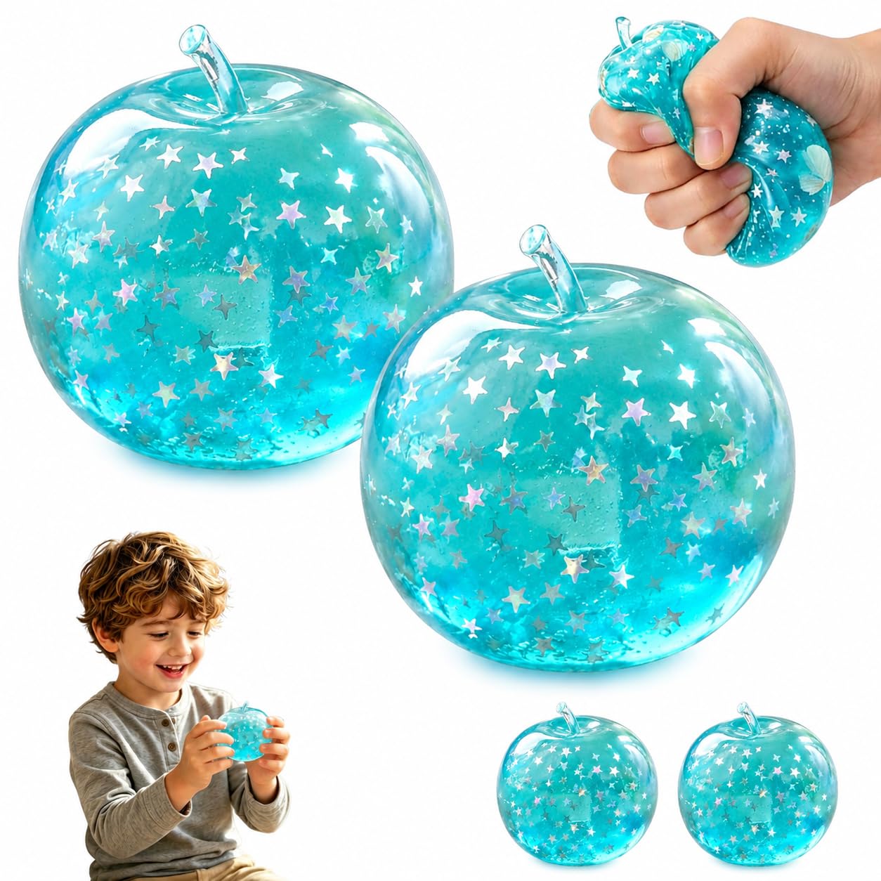 2PCS Apple Squishy Stress Balls, Slow Rising Squishy Fidget Toys, Sensory Squeeze Toys with Glitter Star Filling, Sensory Stress Relief Squeeze Toys for Adults, Party Favours & Birthday Gifts â image 1