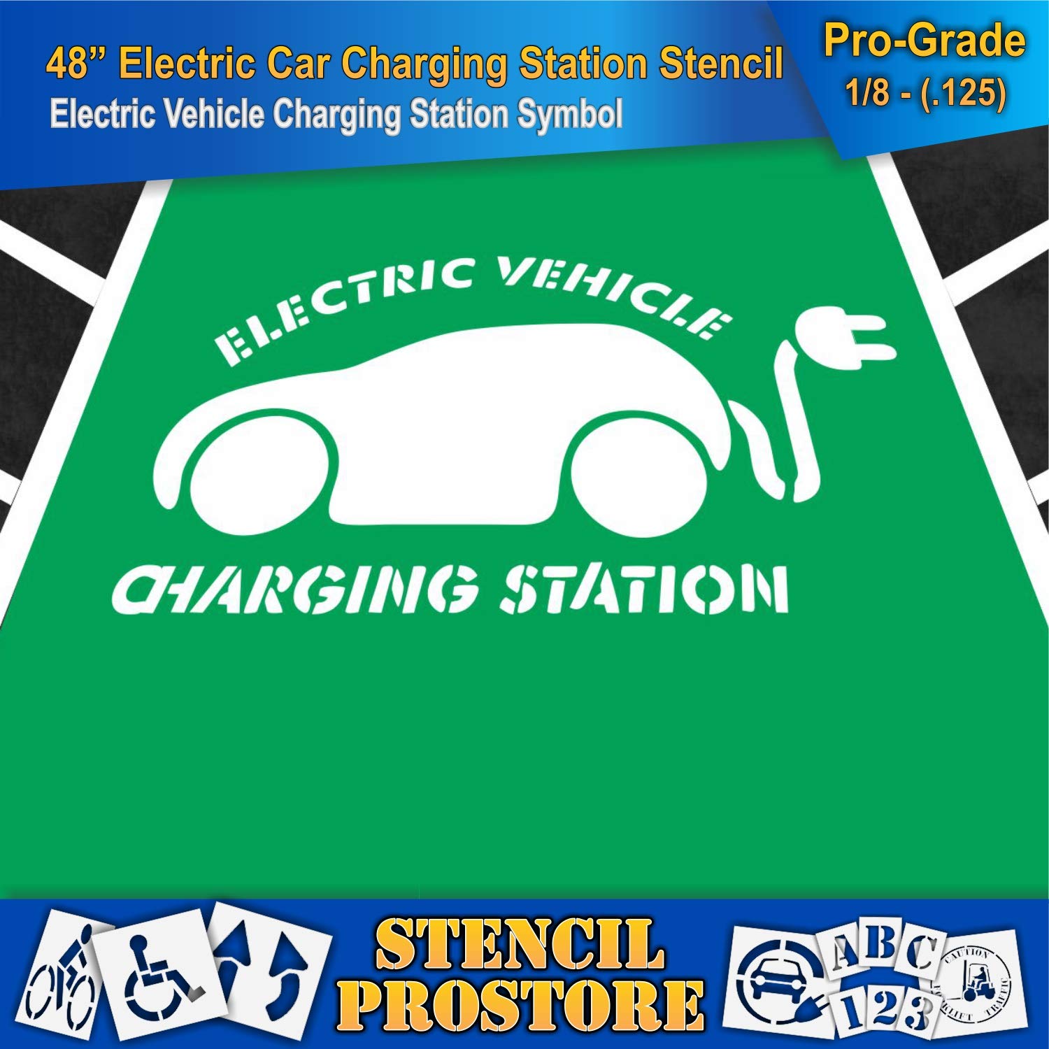 Pavement Stencils - 48 in - Car with Plug with Electric Vehicle Charging Station Stencil - 48'' x 81'' x 1/8" (128 mil) - Pro-Grade