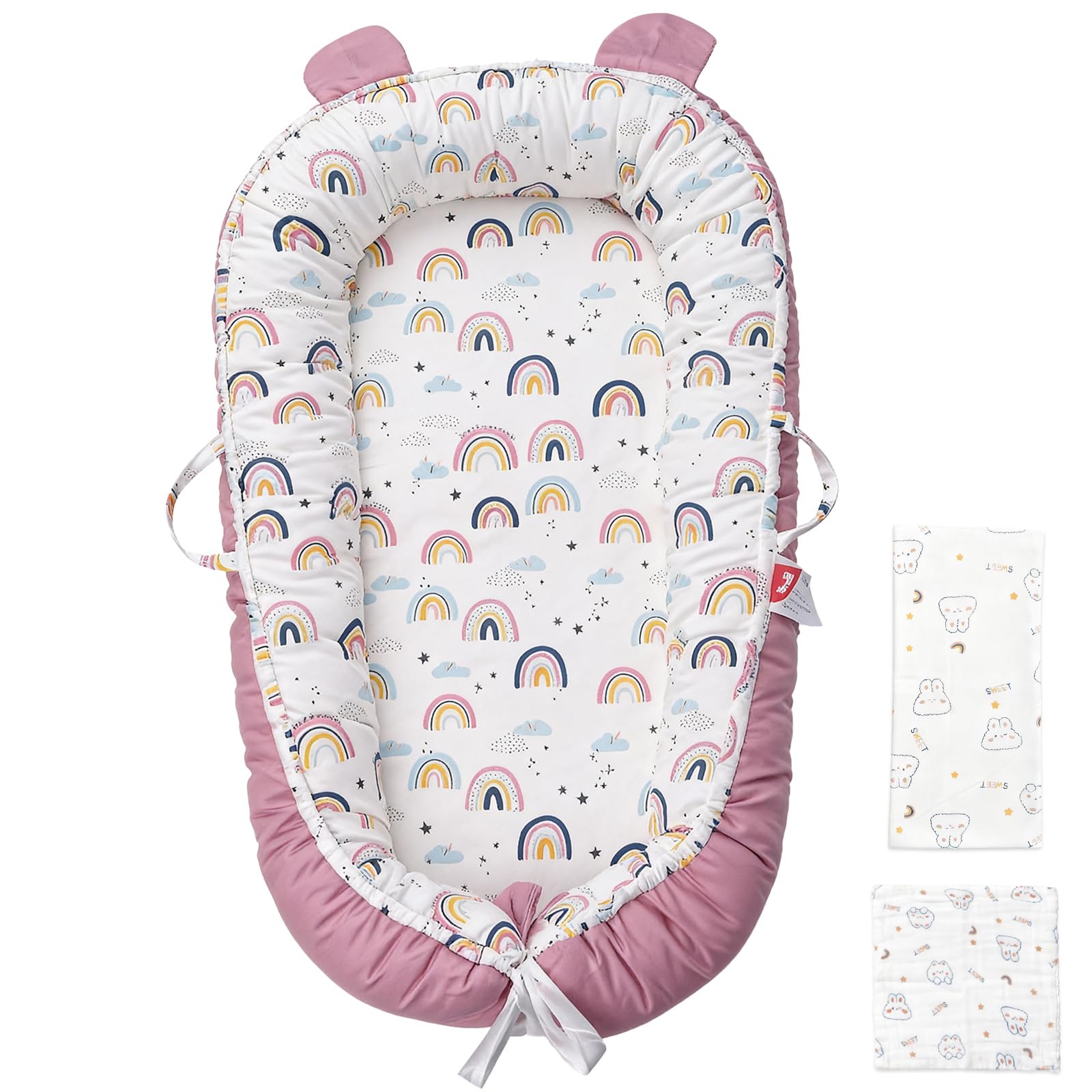 Huracan Nido de bebé recién nacido, 0 – 12 meses, 100% algodón, doble cara y lavable, con manta de 85 x 85 cm y 5 paños de muselina, portátil, regalo para bebé