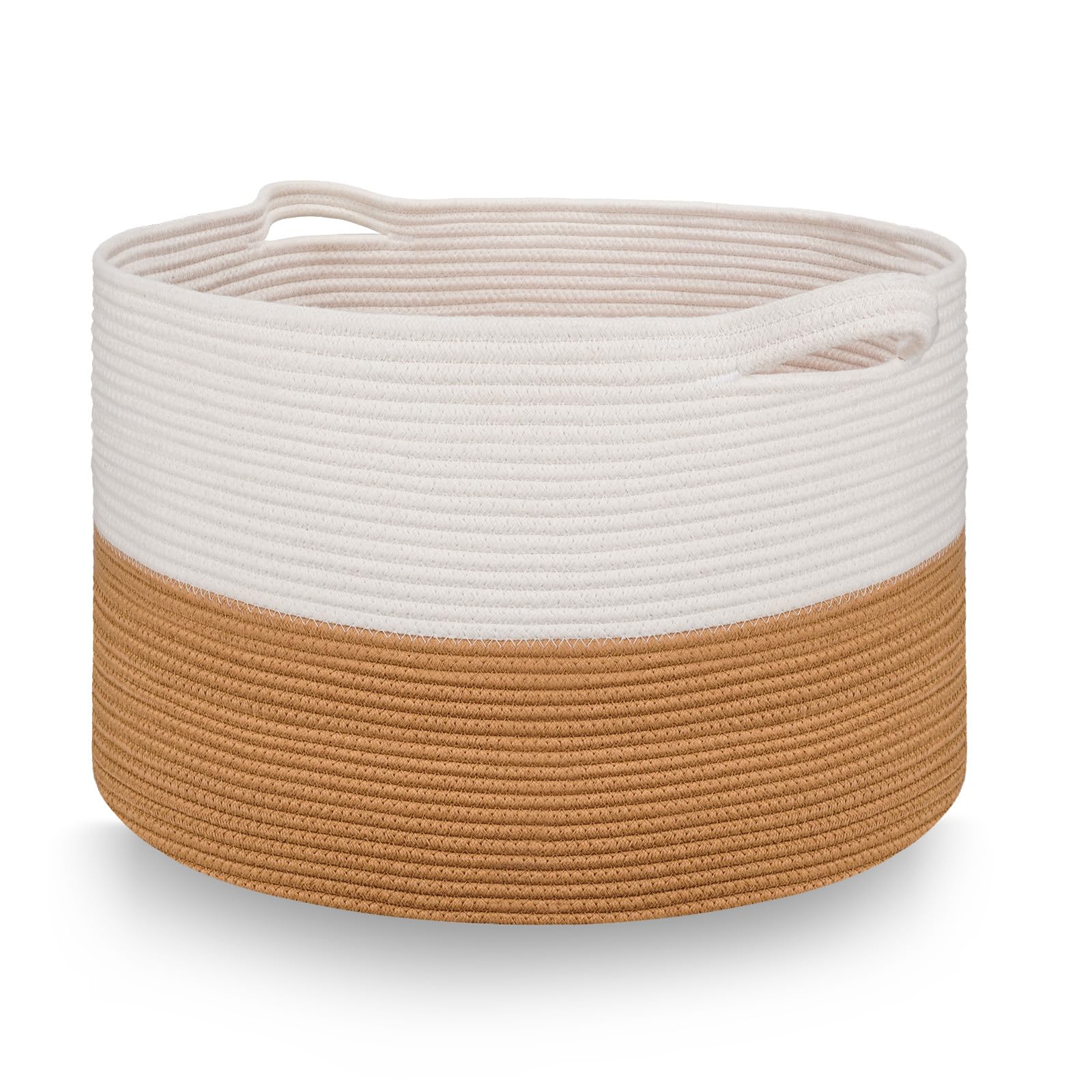 NOVIIML Blanket Basket White & Camel Storage Basket 21.8" x 21.8" x 13.8", 90L,Woven Laundry Basket, Laundry Hamper Toy Basket for Living Room Towels, clothes,Pillows