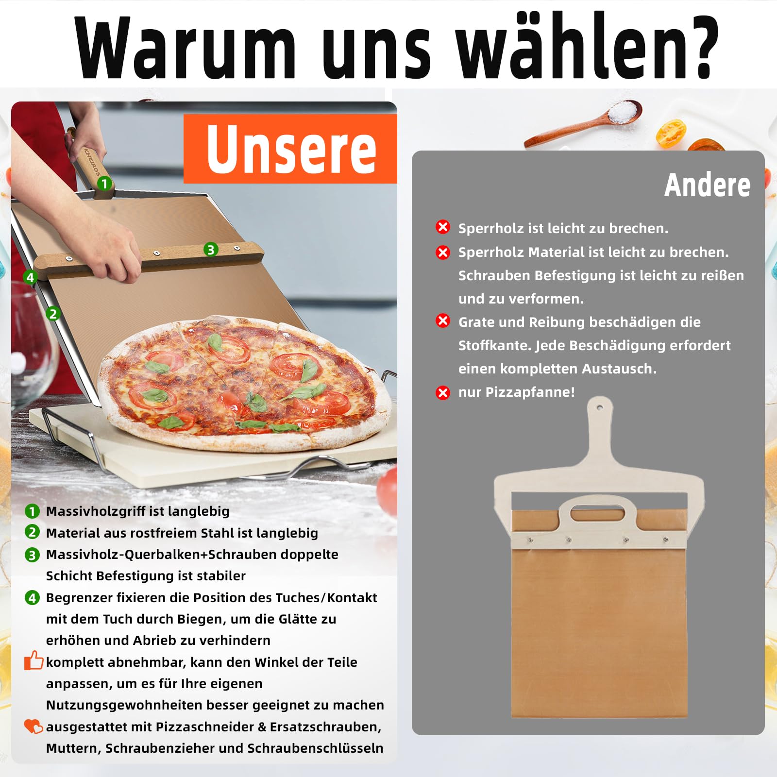 Rutschender Pizzaschieber aus Edelstahl und Holz, Antihaftbeschichteter Pizza Slider mit Massivholzgriff, 14,37" x 11,22" Pizzaschaufel, Pizzaschieber Set mit Zusätzlichen Schrauben und Ersatz-Teflon-