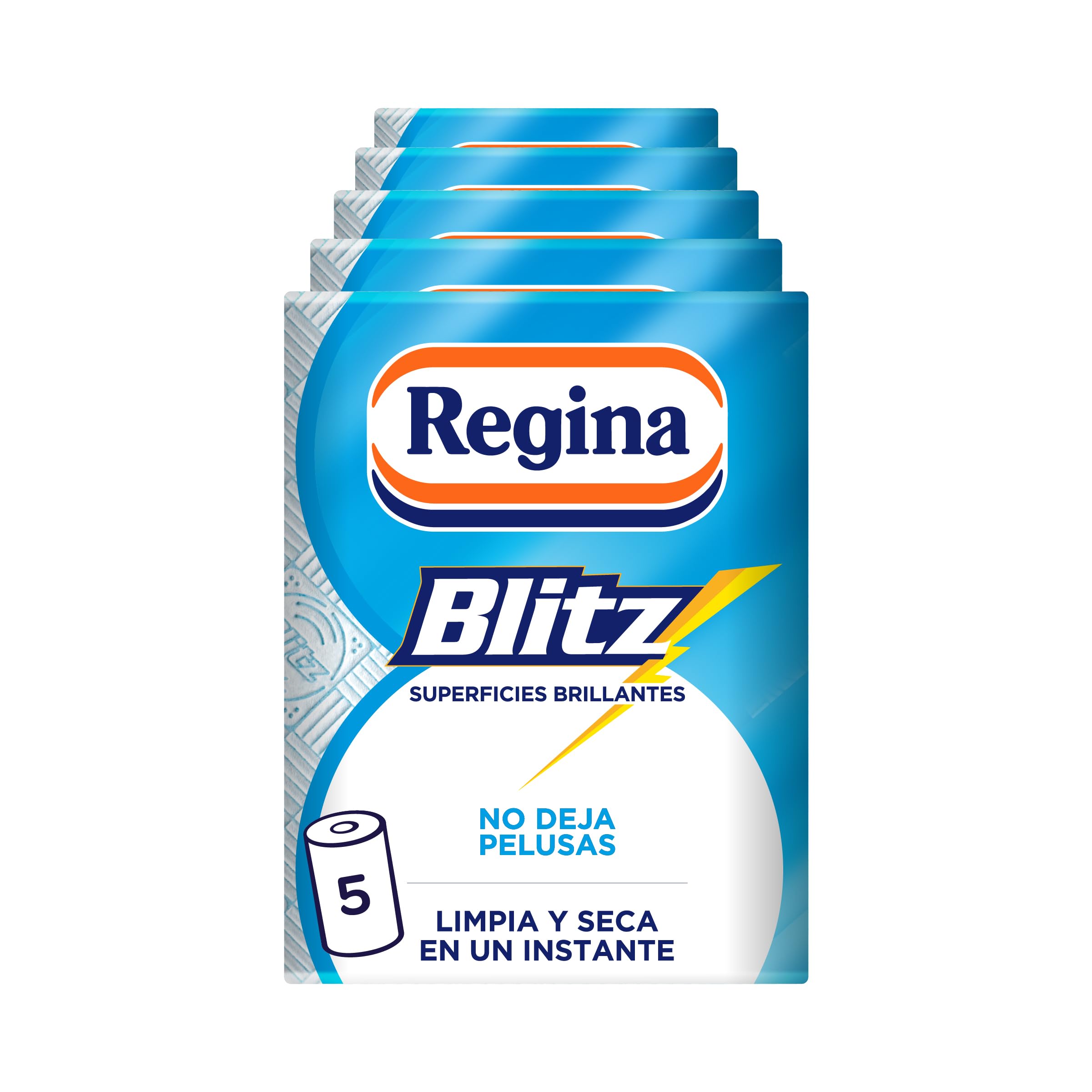Regina Blitz Papel de Cocina | 5 Rollos | 100 Maxi-Hojas de 3 Capas | Ideal para Limpiar Superficies Domésticas | Sin Pelusas | Embalaje de Papel Reciclable
