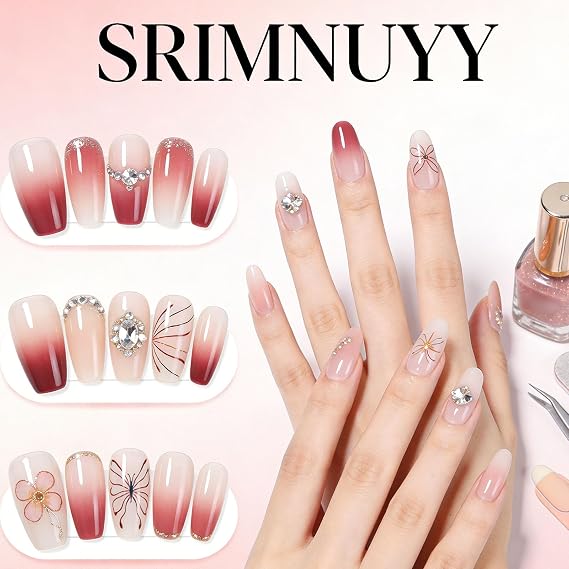 Coffin Press on Nails Medium Glossy Fake Nails with Lines Gradient Design Glue on Nails Red Full Cover False Nails Cute Acrylic Nails Artificial Coffin Nails Press ons for Girls 24Pcs