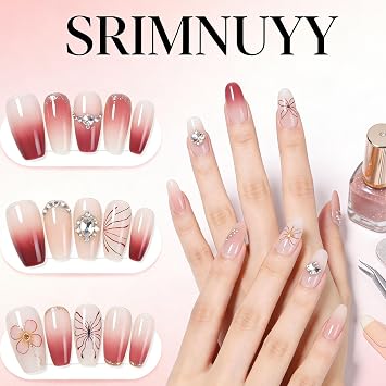 Coffin Press on Nails Medium Glossy Fake Nails with Lines Gradient Design Glue on Nails Red Full Cover False Nails Cute Acrylic Nails Artificial Coffin Nails Press ons for Girls 24Pcs