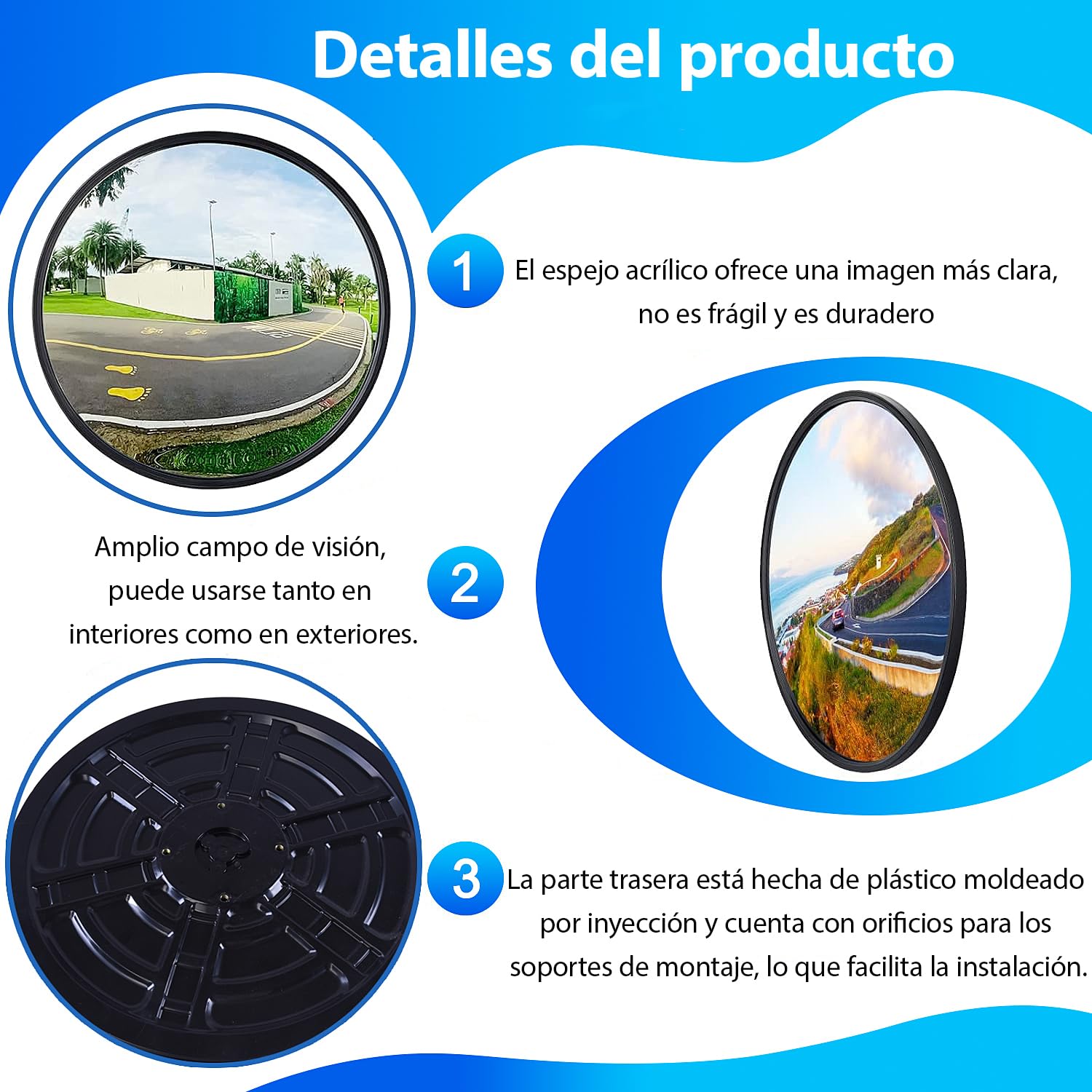 Espejo convexo negro de 60 cm – Espejo de tráfico ajustable para interior y exterior – Espejo acrílico gran angular para garaje, entrada, calle, almacén y oficina (60 cm negro)