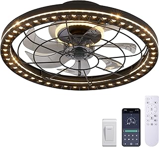 Ceiling Fans with Lights, Low Profile LED Ceiling Fan Light Fixture, Round Dimmable Enclosed Ceiling Fan with Remote Control, Modern Industrial Ceiling Fan for Bedroom and Living Room 19"(Black)