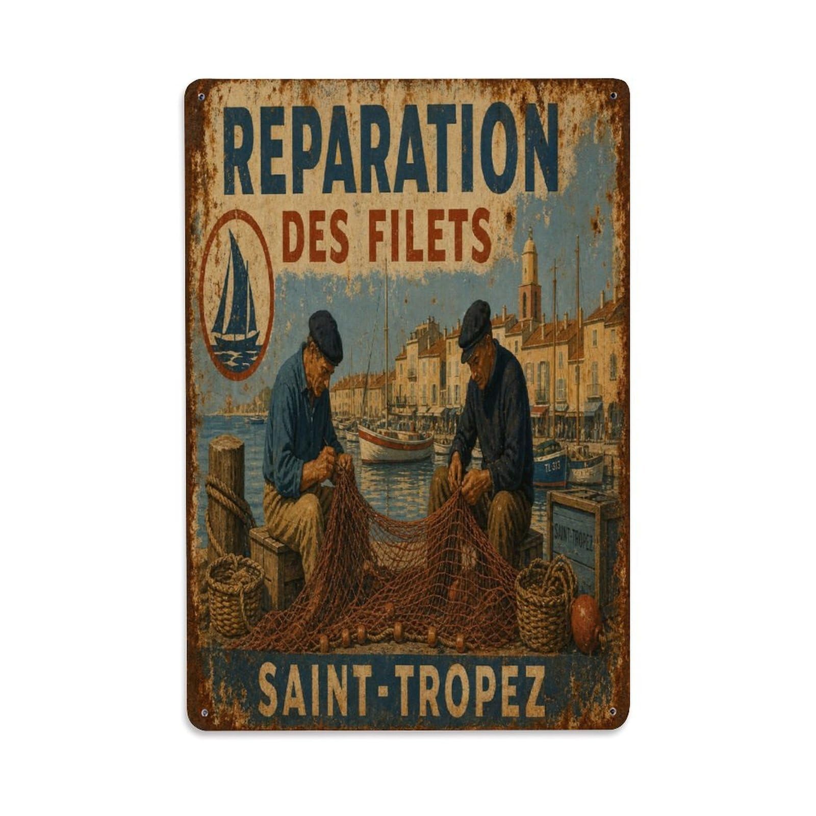 France Harbor Maritime Vintage Fishing Village Metal Tin Sign Plaque Wall Decor for Cafe, Man Cave, Club Bar, Office, Home Garden Round Metal Poster 8x12Inch
