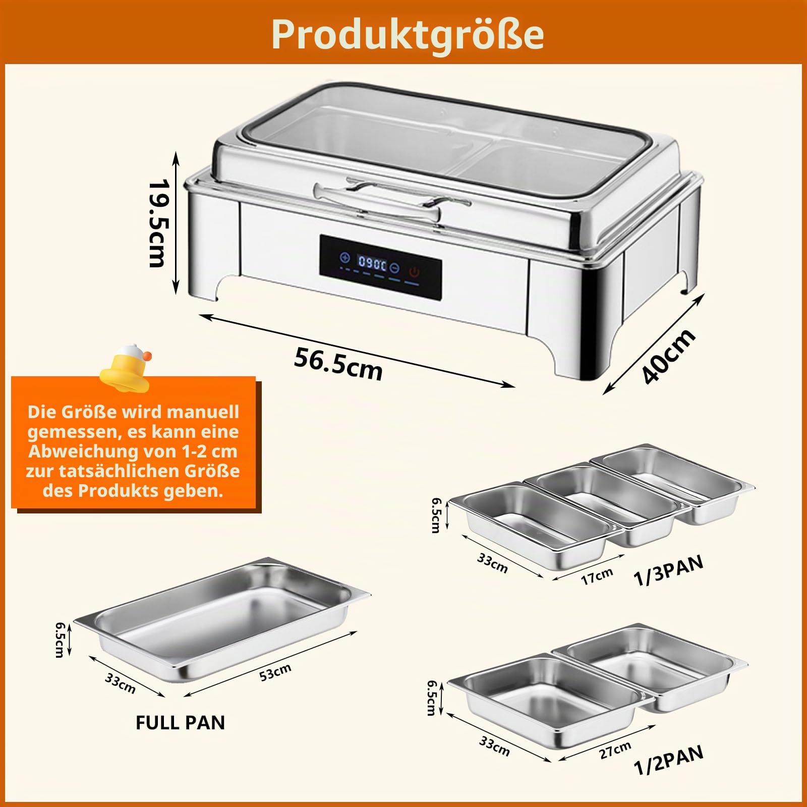 Chafing Dish Elektrisch 9L, Edelstahl (B, 1/2 Pan) | Elektrische Warmhaltebehälter Einstellbare Temperatur, Rechteckiger Chafing Dish Set Speisenwärmer mit Sichtbarem Glasdeckel