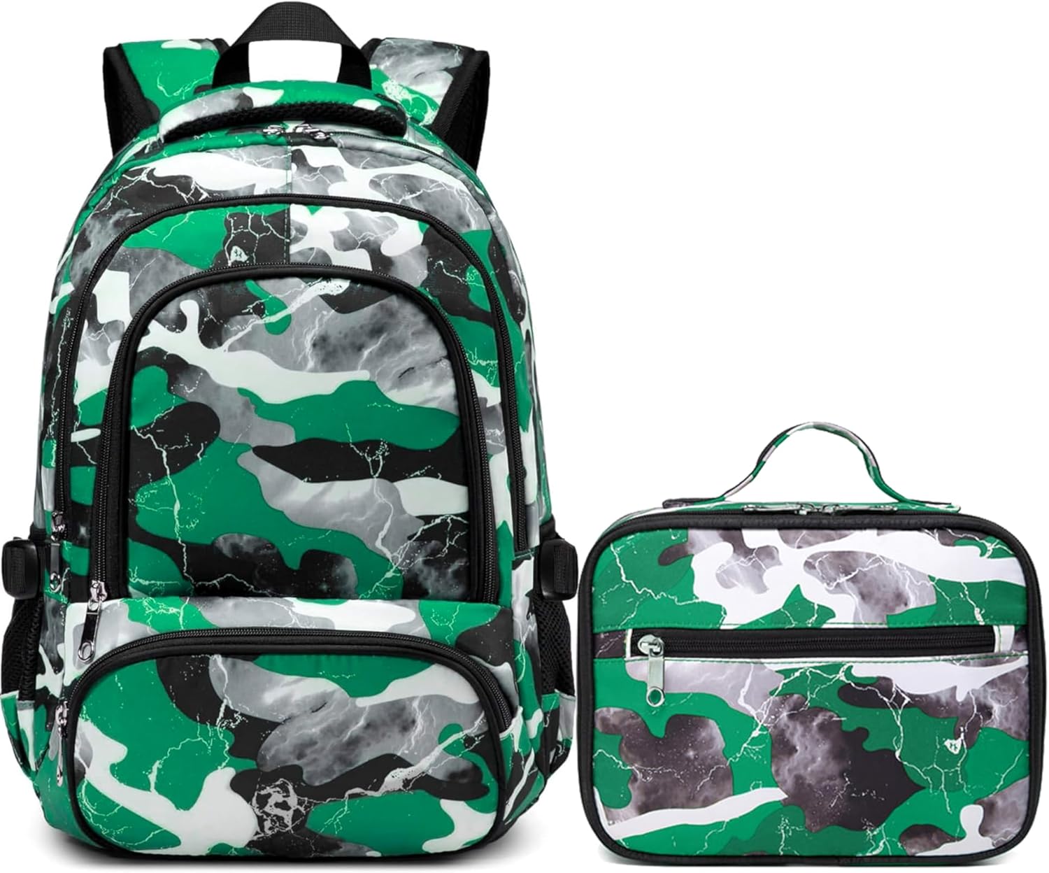 BLUEFAIRY Boys Backpack Set with Lunch Bag for Kids Elementary Middle School BookBags for Teens Child Back to School Gifts Large Campartments Lots of Pockets Camo Green