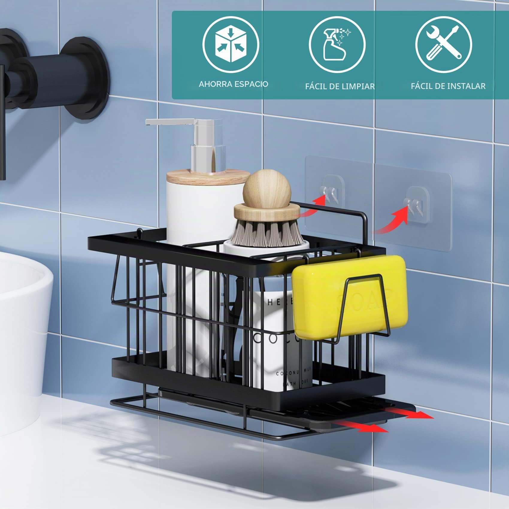Yoassi Organizador de Fregadero Cocina, Sink Caddy de Acero Inoxidable, con Bandeja de Goteo, Soporte de Utensilios, Esponja, Estropajo, Negro (Negro)