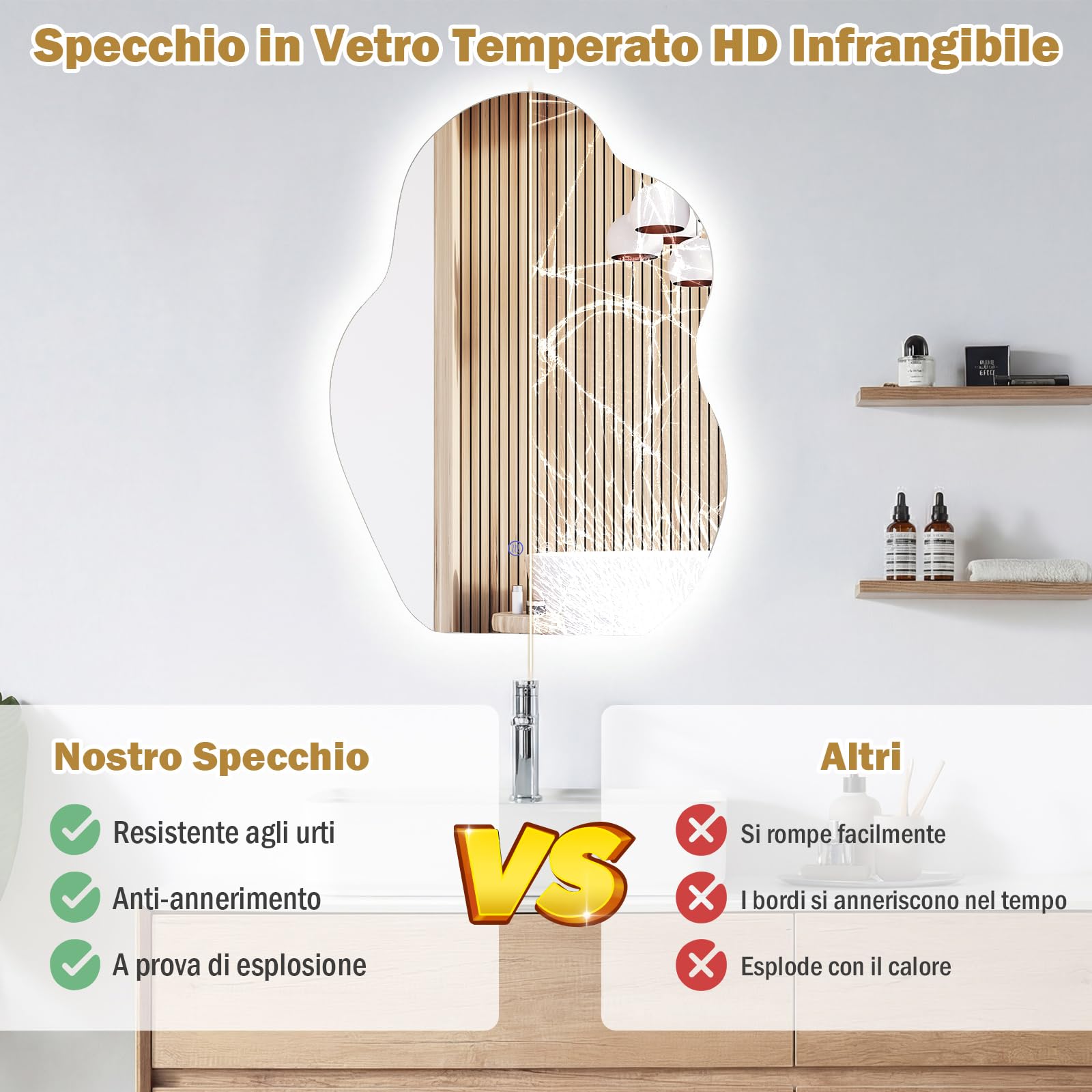 COSTWAY Specchio Irregolare Bagno con Luce 70 x 50 cm, Specchio Retroilluminato Bagno LED con Antiappannamento, Dimmerabile, 3 Colori Luce, Funzione Memoria, IP44, HD Vetro Temperato