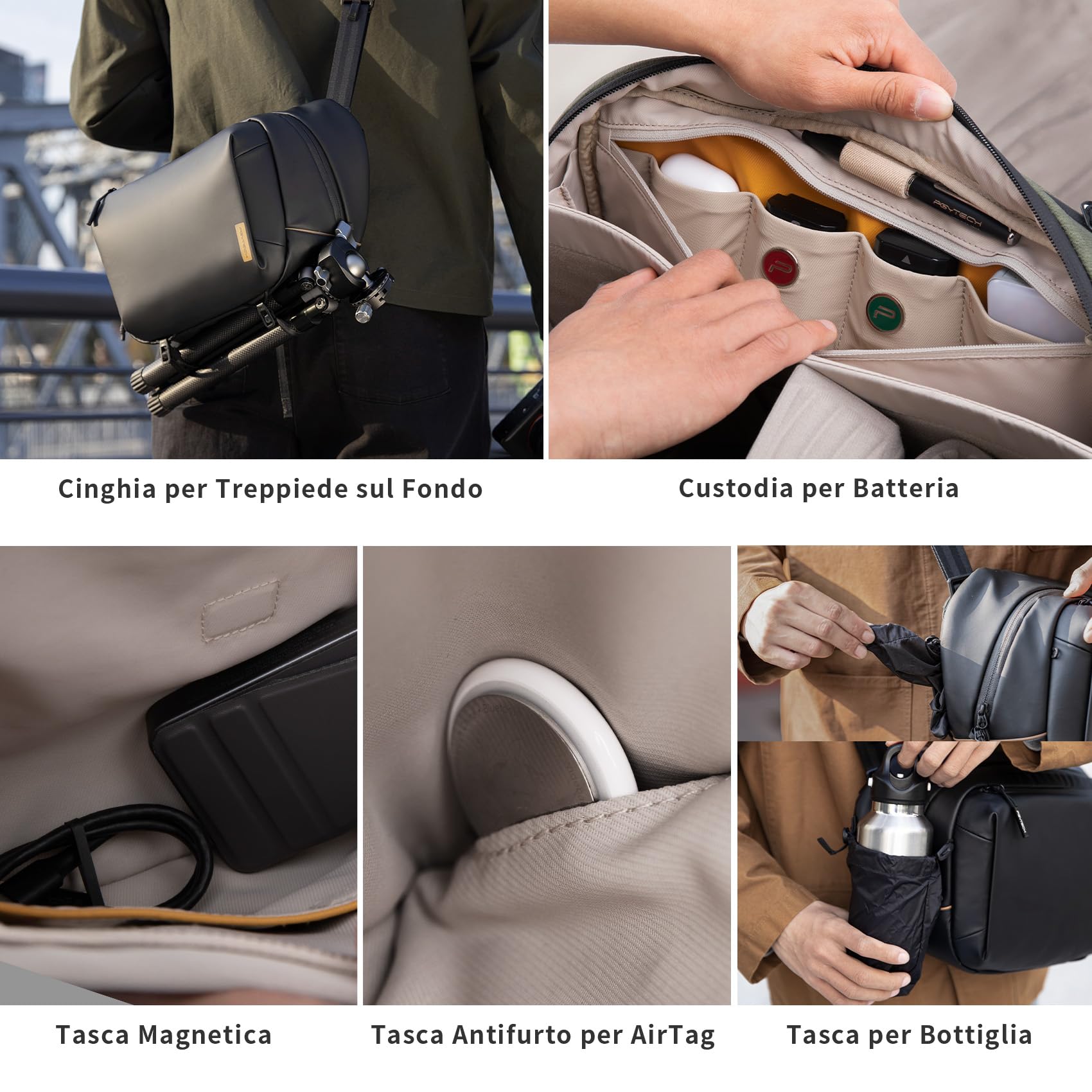 PGYTECH OneGo Solo V2 Borsa Fotografica Professionale Tracolla 6L, Zaino Fotografico Piccolo Impermeabile Compatibile con Fotocamera Reflex Canon, Sony, DJI Avata 2, DJI Mavic 3, iPad Pro 11'', Nero
