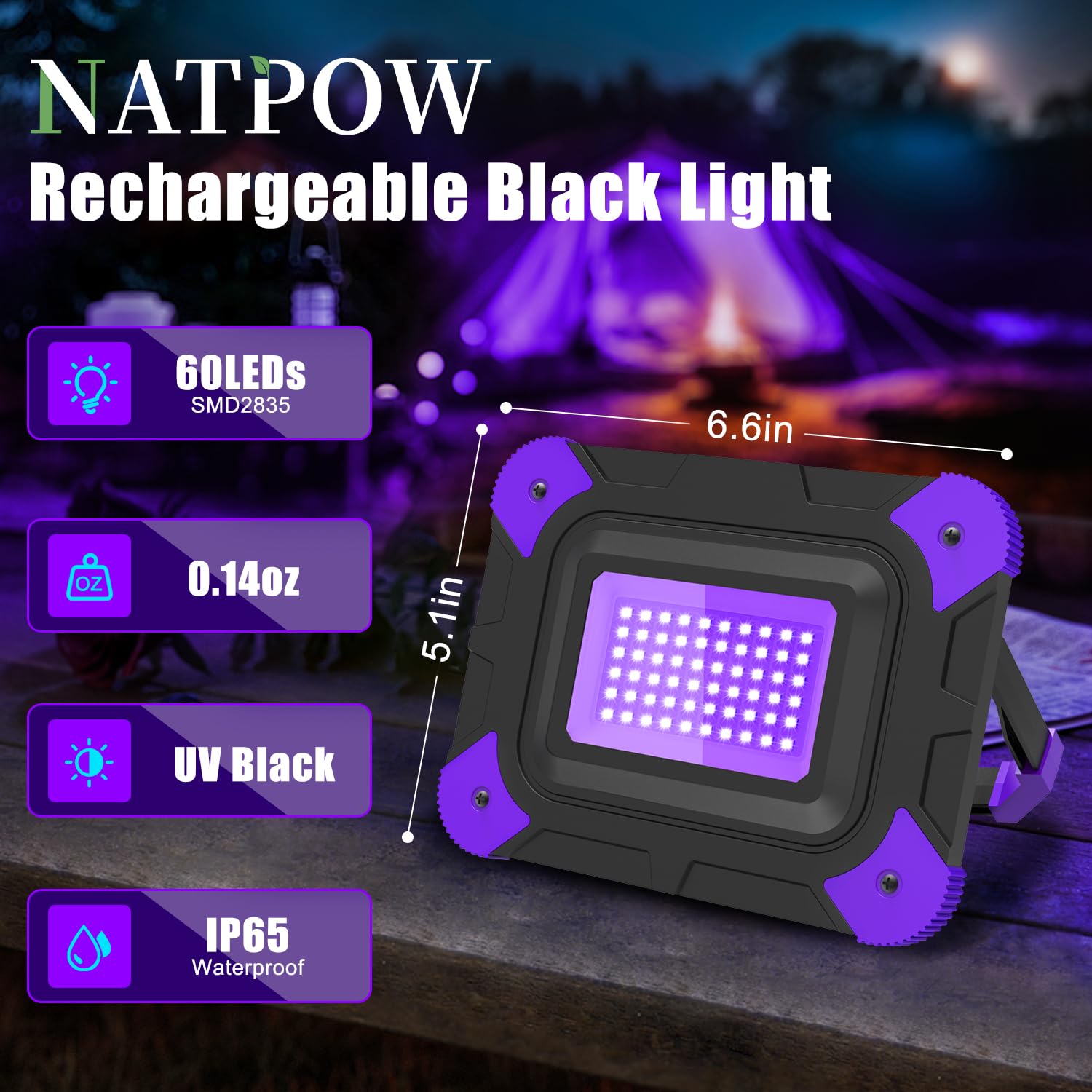 NATPOW Luz Negra UV Portátil Foco LED Recargable, 400-405nm Lámpara UV Potente, IP65 impermeable LED, Luz Negra para Halloween Acuario Pintura Corporal Partylicht, Decoración, 2 piezas