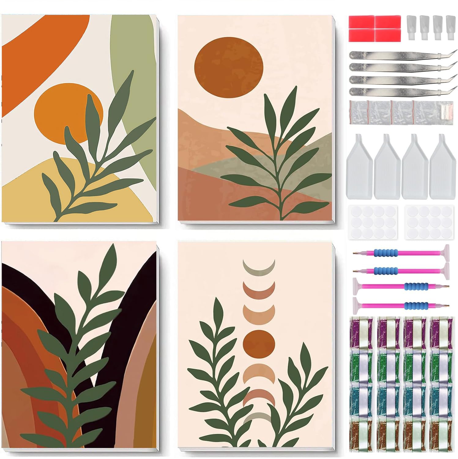 Tiwabb 4 Pack Bohemian Style Diamond Painting Kits for Adults with Framed - Mountain Moon Leaves Diamond Art Kits for Adults DIY 5D Round Full Drill Gem Art and Crafts for Home Decor 7.8x11.8in