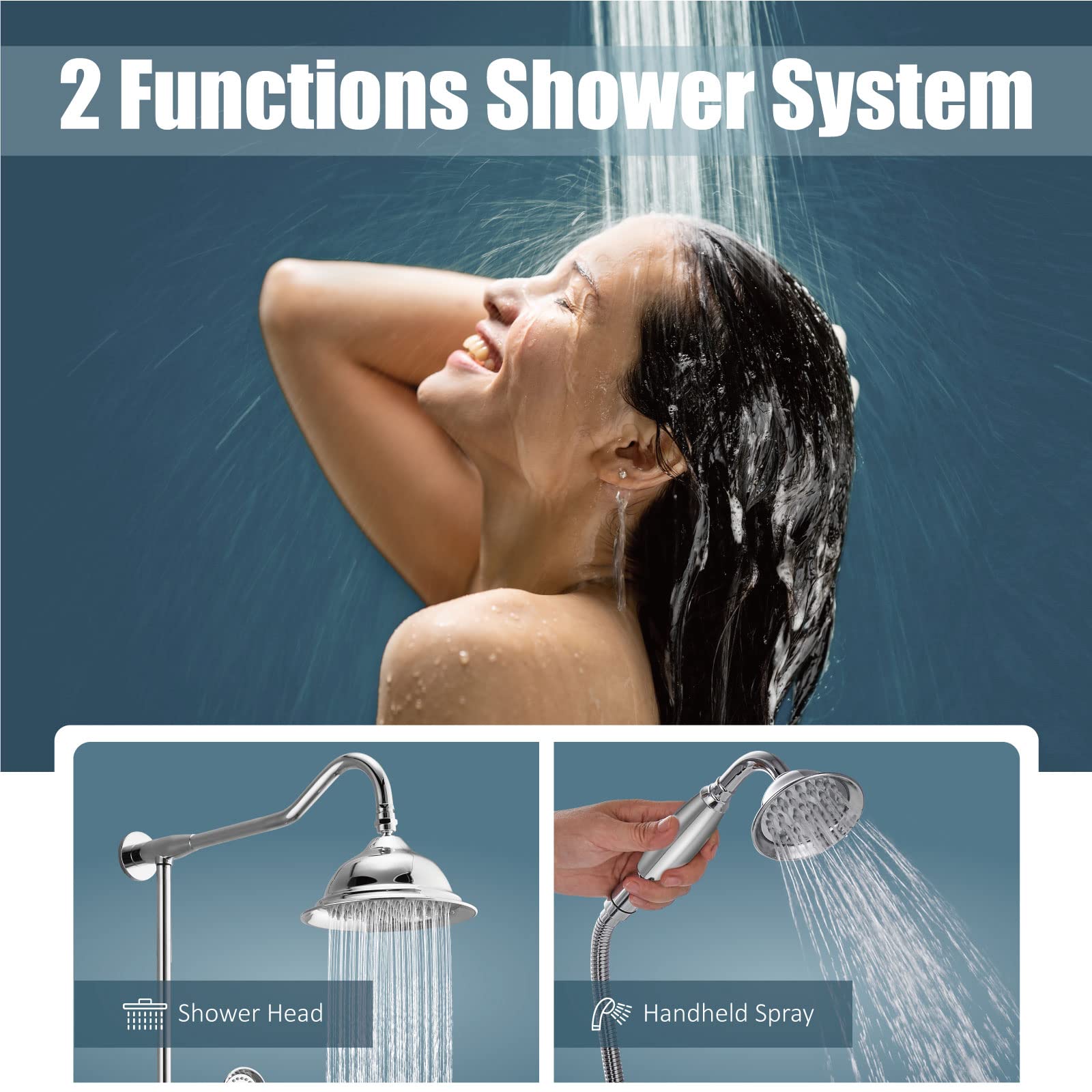 Système de Douche Pommeau de Douche en Chrome Poli Robinet à Effet Pluie de 8 Pouces Tube d'extension de 12 Pouces Inclus Douchette à Main Mitigeur à Double Levier Ensemble combiné