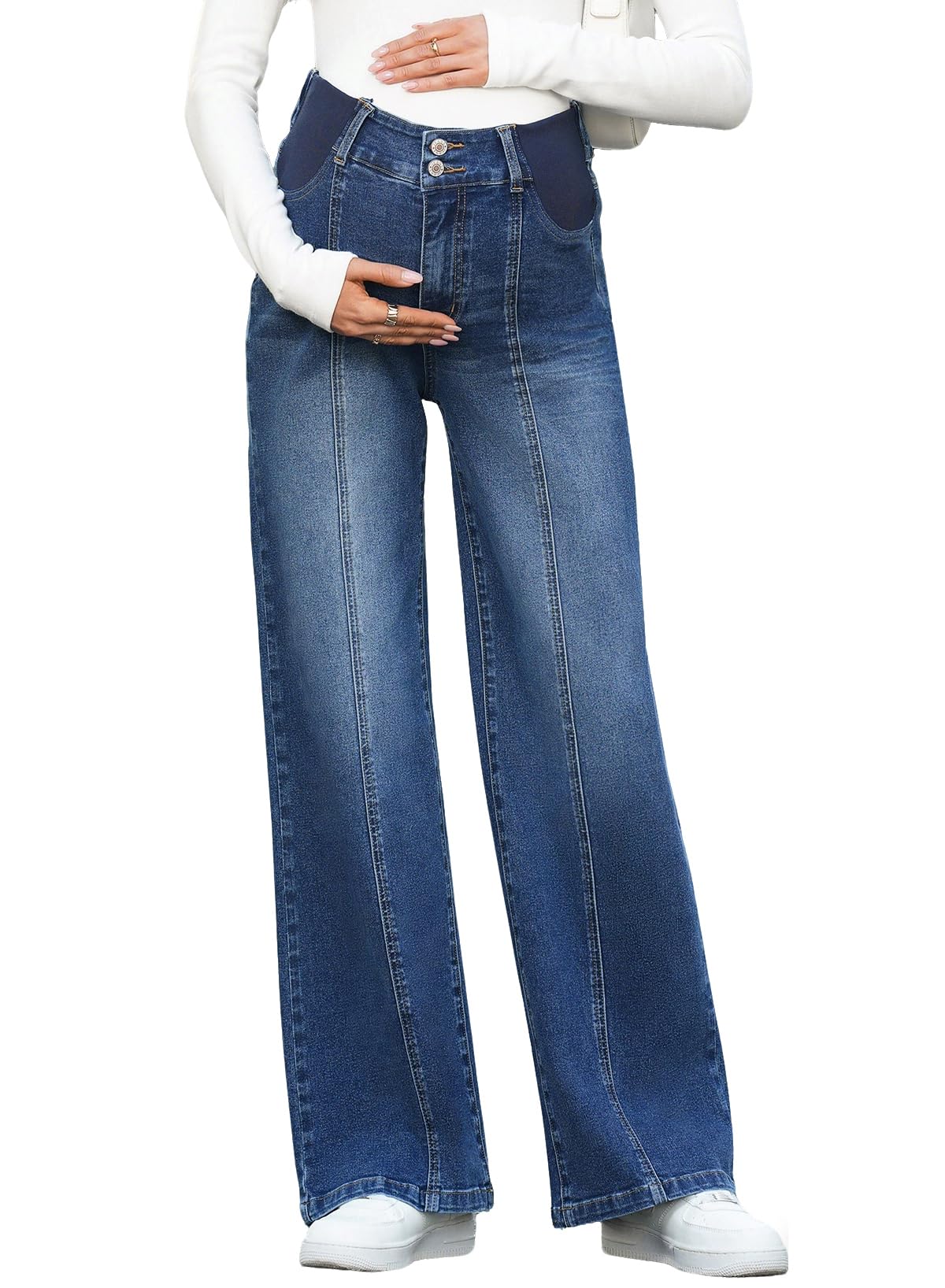 BLENCOT Womens Maternity Jeans Seamed Front High Waisted Wide Leg Stretchy Loose Pregnancy Denim Pants