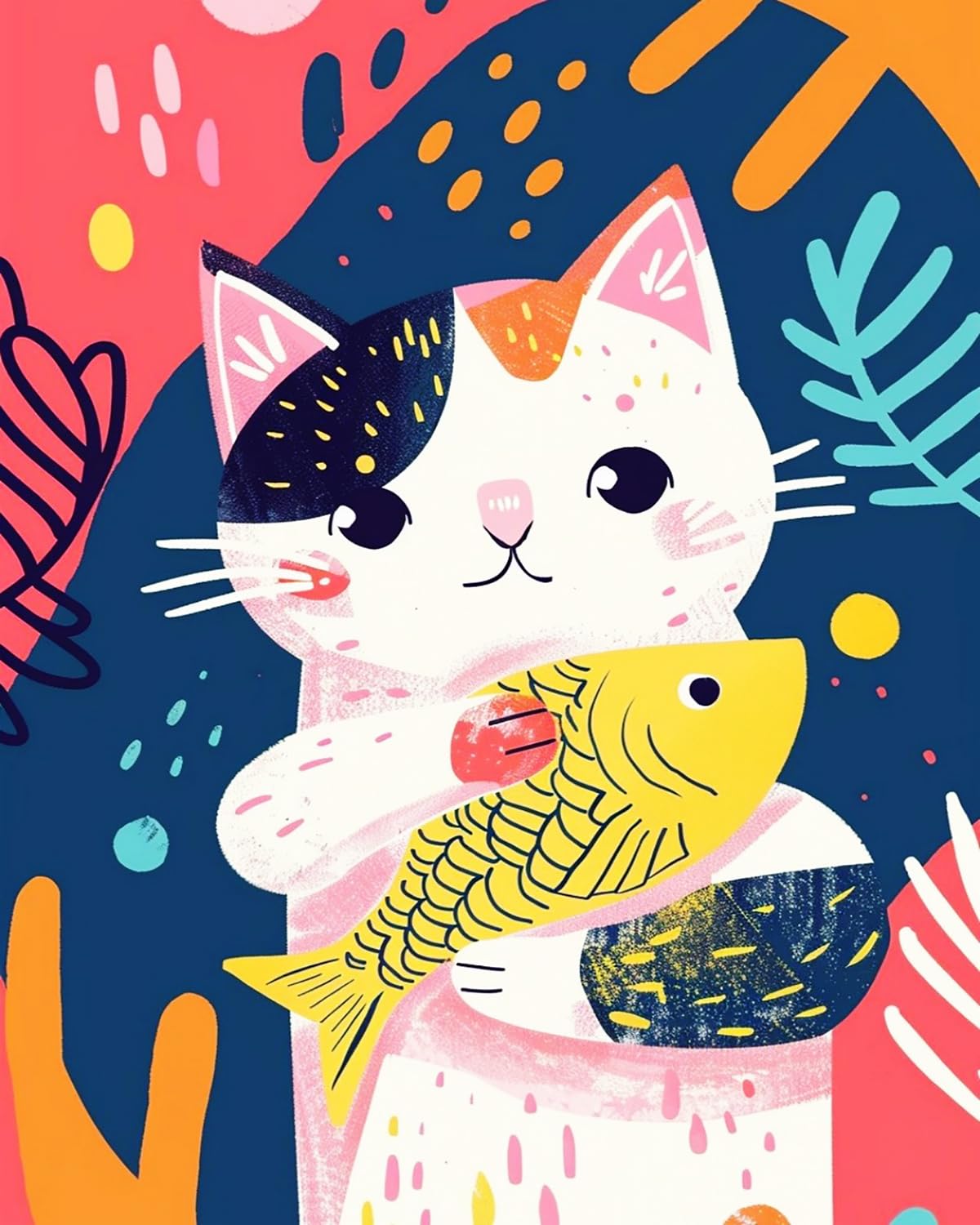 Liubaishi Multicolour Paint By Numbers For Adults, Cat With Fish, 40X50 Cm Acrylic Canvas Kit With Brushes