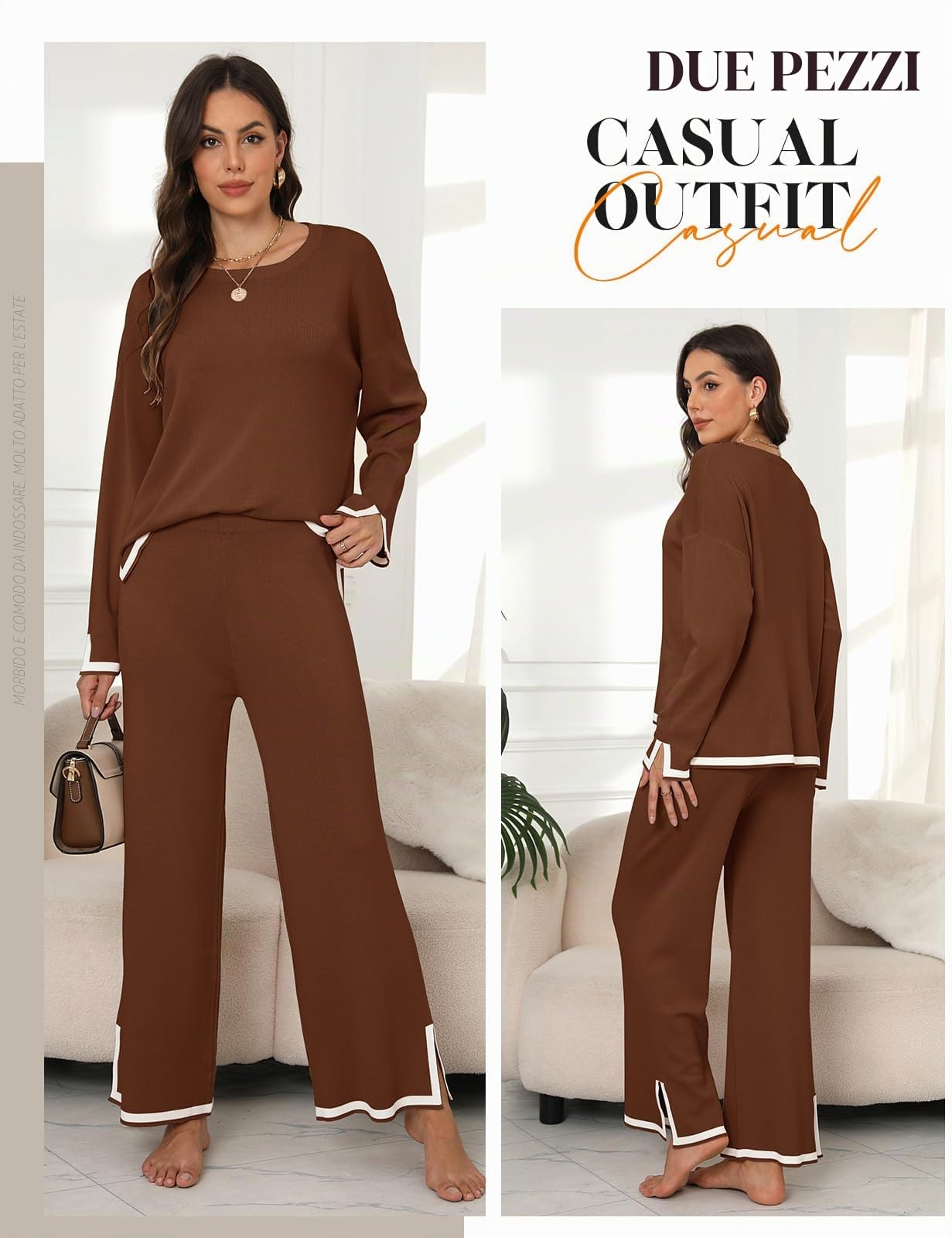 CMTOP Tuta Donna Completo Elegante 2 Pezzi Casual Tute da Ginnastica Tailleur Girocollo Maglia a Maniche Lunghe e Pantaloni a Gamba Larga Autunnale Invernale Completi Per La Casa