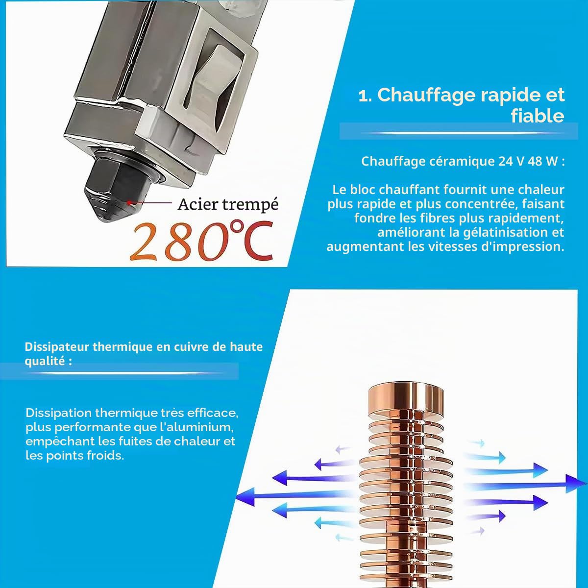 Hotend Kit Hotend pour imprimante 3D Flashforge Adventurer 5M/5M Pro avec buses en acier trempé de 0,25, 0,4, 0,6 et 0,8 mm