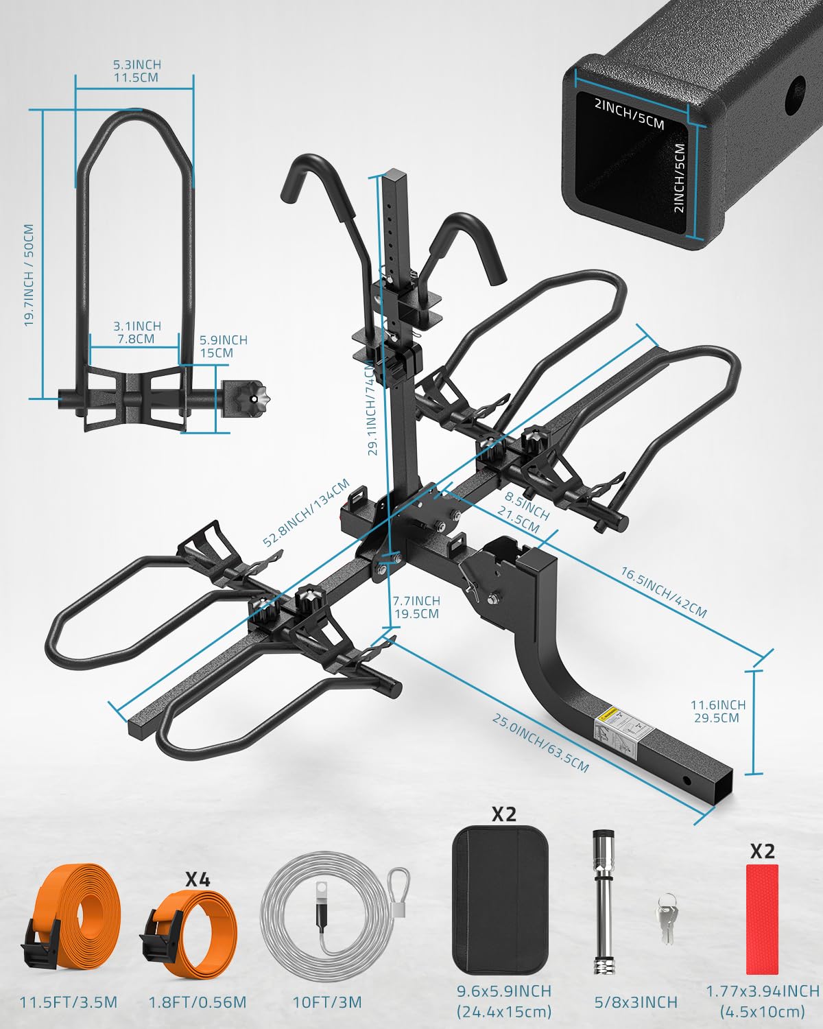 PAULINN Hitch Bike Rack con blocco del gancio, 90,7 kg 2 bici pieghevole auto SUV rack per Ebike, Fat Tire e Standard, 2 "Hitch Receiver