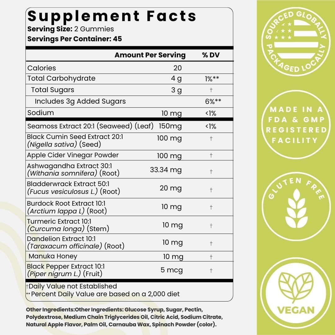 Optimal Prime Sea Moss and Black Seed Oil Gummies, Ashwagandha, Turmeric, Manuka Honey, ACV, Dandelion, Black Pepper, Burdock, Bladderwrack, Vegan, 90 Gummies 45 Day Supply