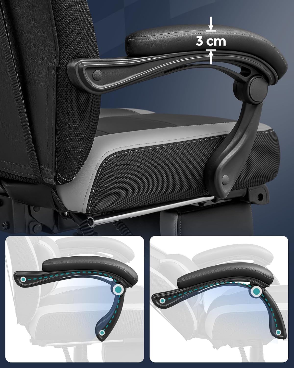 Image showing the ergonomic design of the chair with removable lumbar and headrest cushions, and a pivoting footrest.