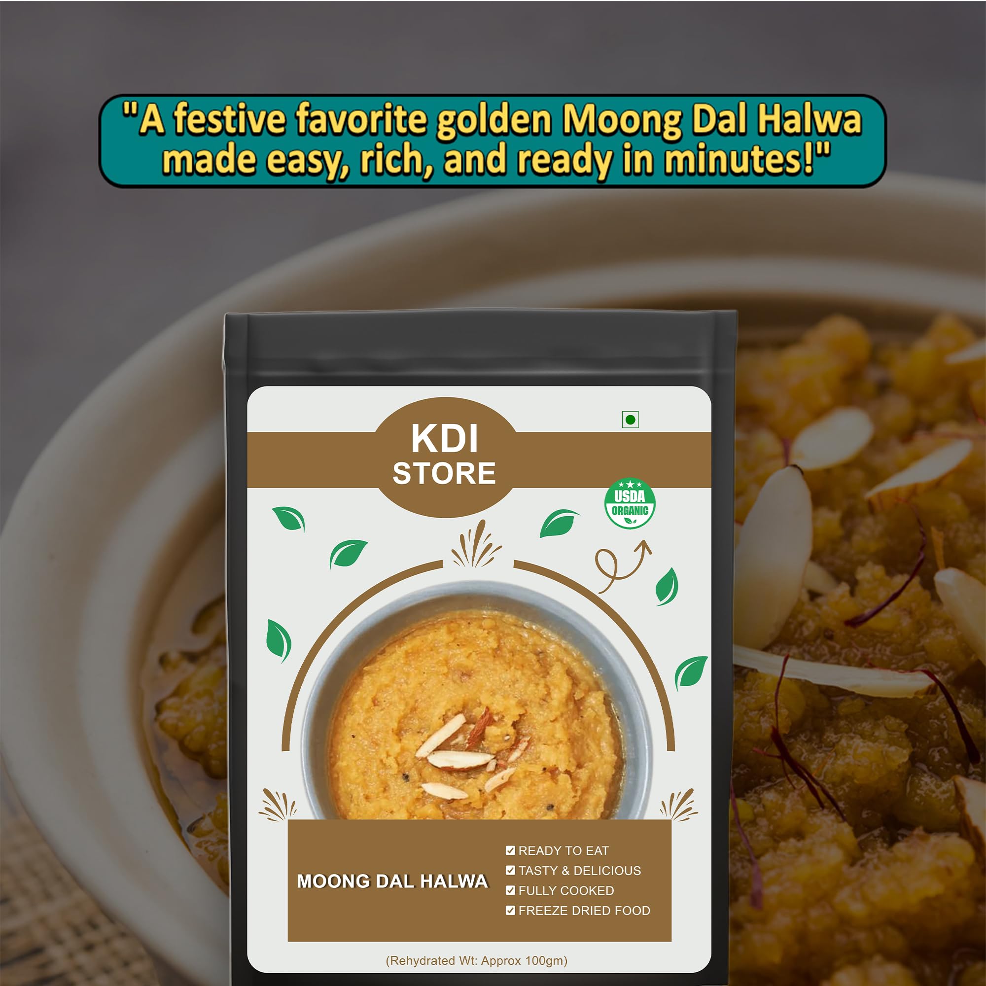 KDI Store Moong Dal Halwa, Ready to Eat, Organic USDA Certified, Freeze Dried Indian Sweet, Fully Cooked, 55g