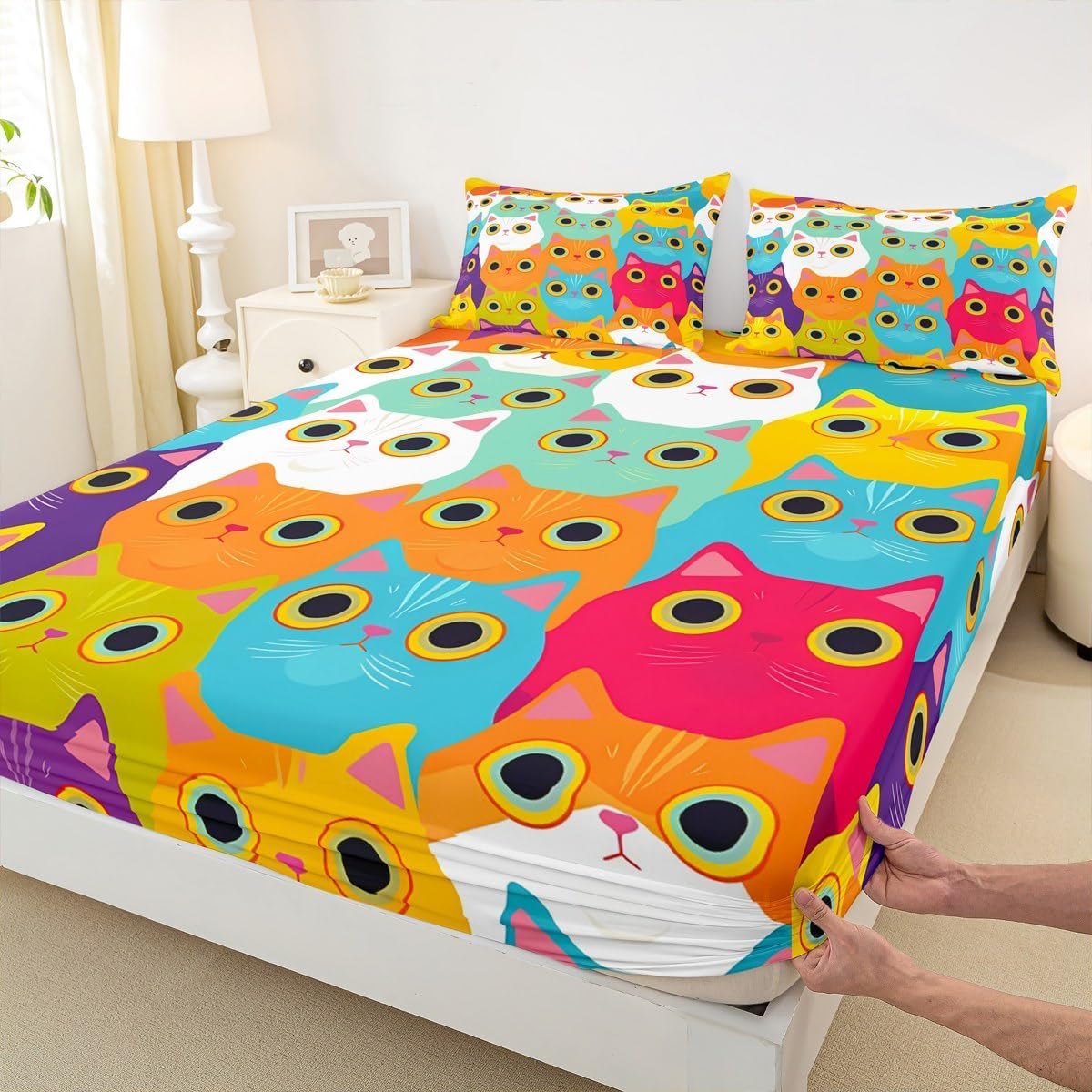 Feelyou Kids Sheet Set King Size Cartoon Pet Cats Pattern Bed Sheet Set Colorful Chic Cute Kitten Print Bed Sheets for Girls Boys Teens Bedroom Decor Kawaii Animal Themed Bedding Set for Cat Lover
