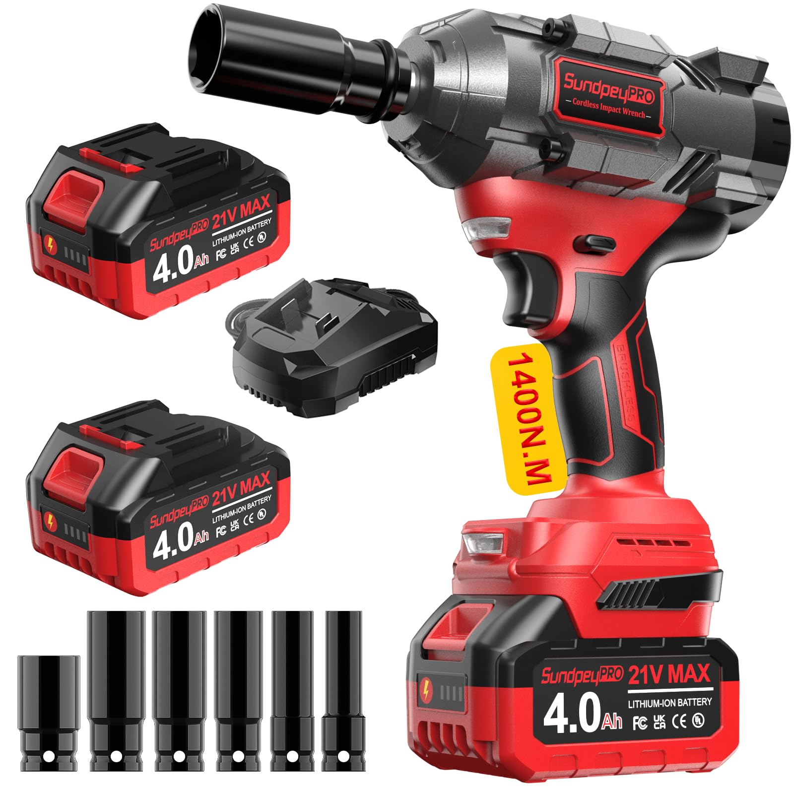 Avvitatore a Impulsi 1400 Nm con 2 Batterie da 4.0Ah, Rosso