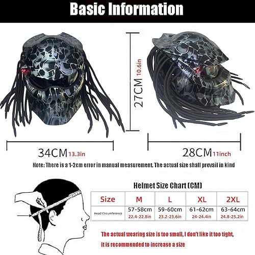 Miniatura 5 de Predator - Casco de motocicleta de cara completa con trenza para el cabello y luz LED para montar al aire libre o fiestas de club y cosplay,