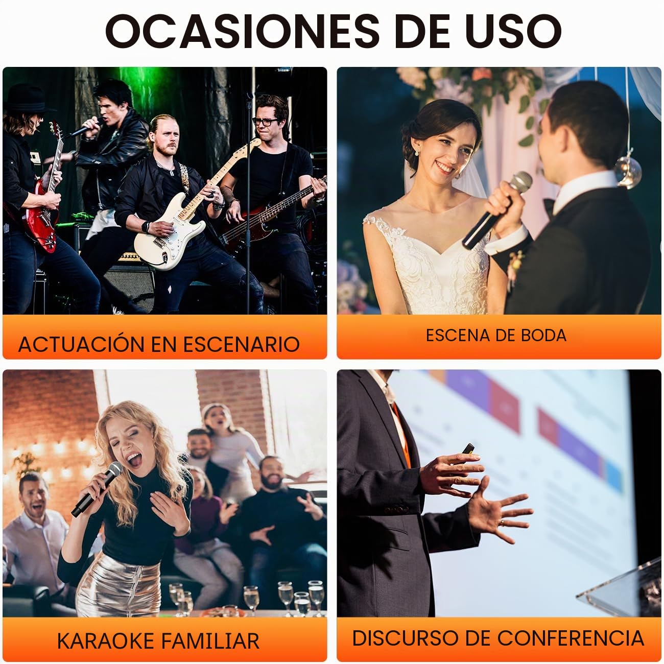 Depusheng Sistema de micrófono inalámbrico, micrófono inalámbrico de 4 canales, micrófono inalámbrico de frecuencia fija con 4 micrófonos de mano dinámicos, alcance de 50 m, micrófonos para voz