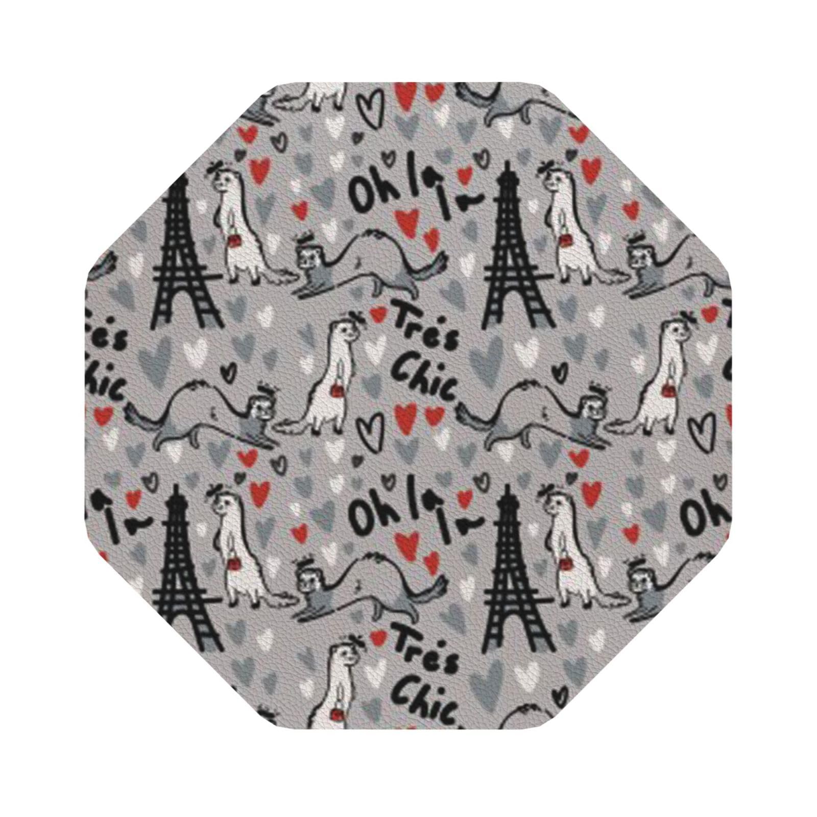 French Fashion Model Ferrets PU Leather Coasters Set of 6 Octagon Drink Coasters