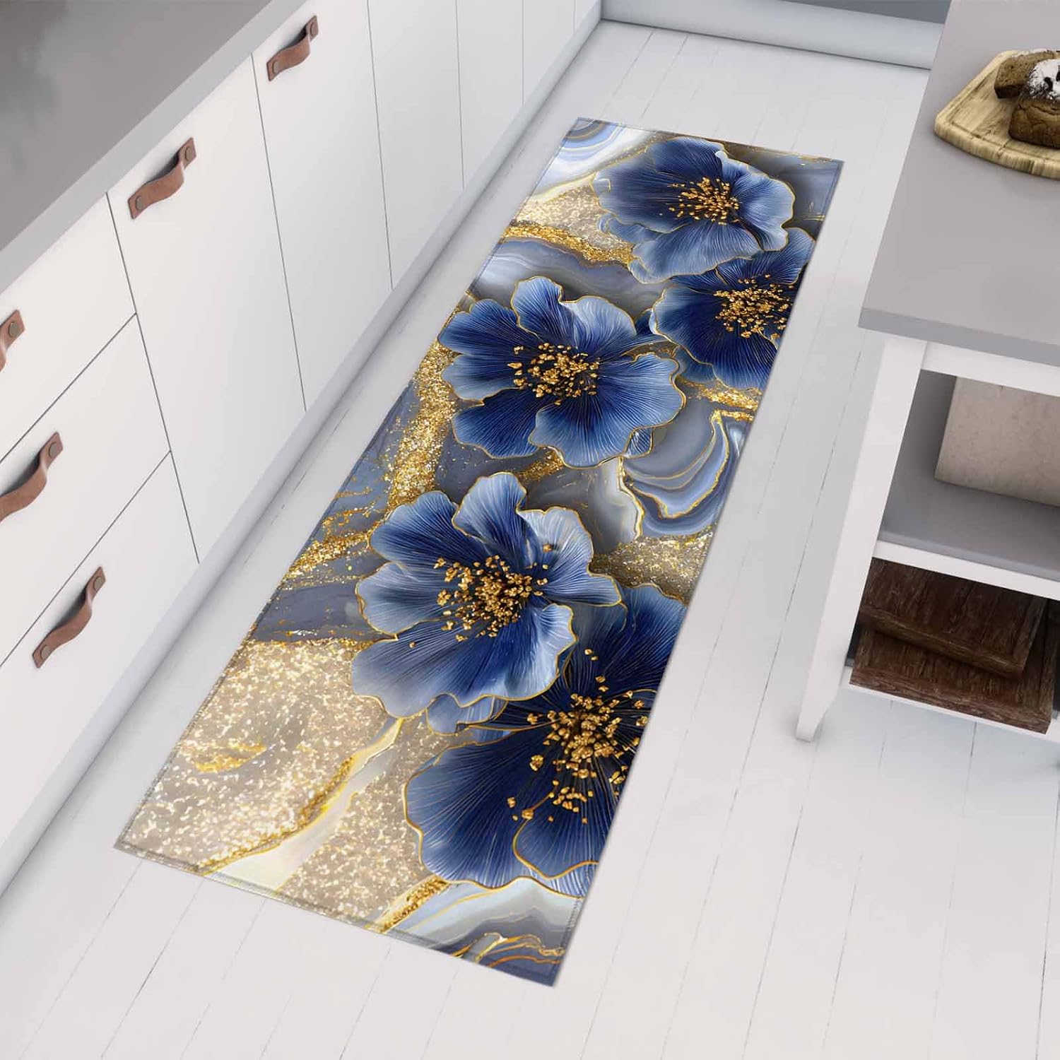 Teamery Kitchen Mats for Floor Watercolor Blue Flower Abstract Gold Washable Non Slip Kitchen Rugs 1PCS, Romantic Floral Absorbent Standing Mats for Sink Bathroom Office Living Room 15.7x47.2in