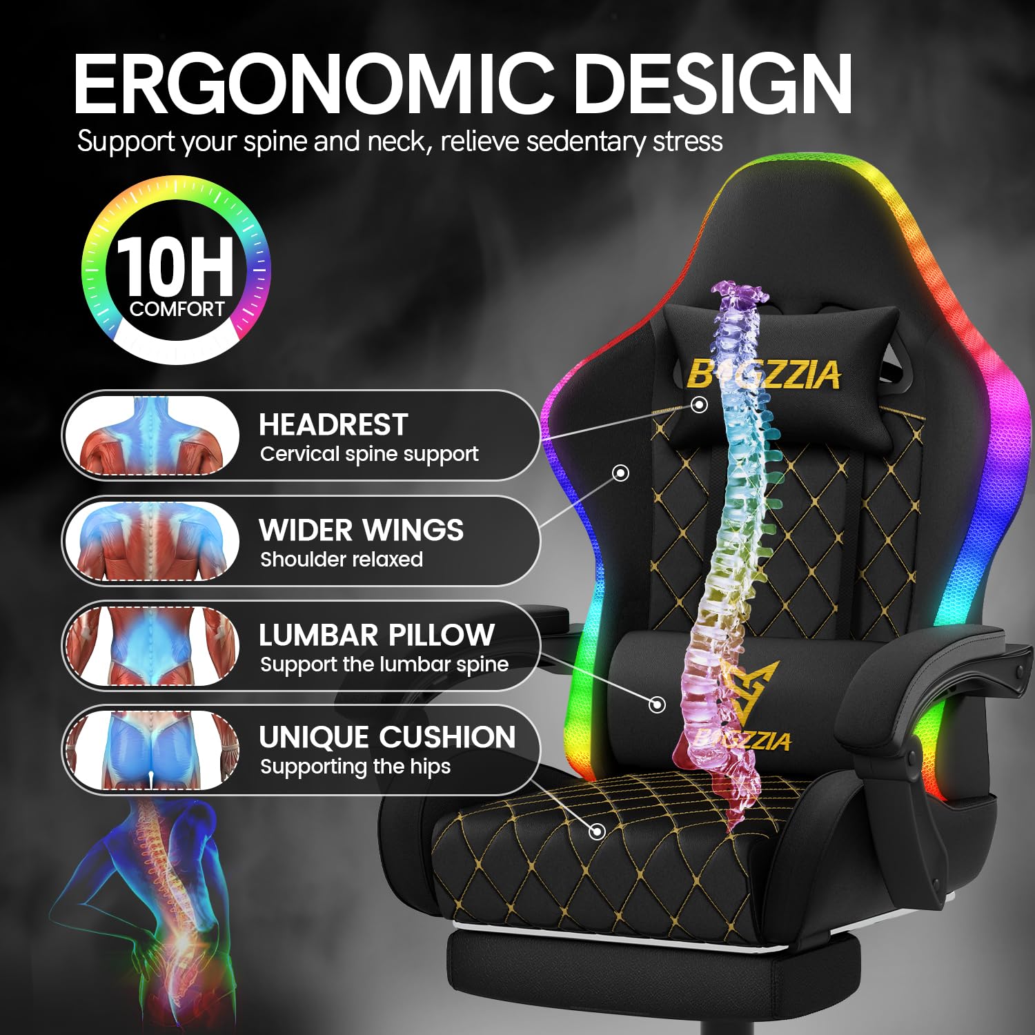 bigzzia Chaise Gaming avec LED RGB, Ergonomique Chaise de Gaming avec Soutien Lombaire Repose-Pieds, Fauteuil Gaming réglable et pivotant capacité de Charge 150 kg