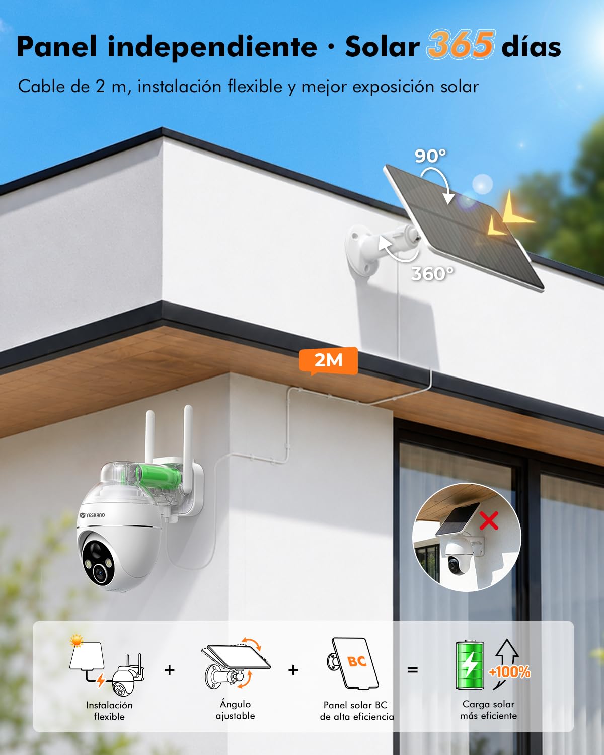 YESKANO Camara Vigilancia WiFi Exterior Solar 2K sin Cables, Panel Solar con Batería, 360° PTZ, Visión Nocturna Color, Detección PIR, Audio Bidireccional, IP66, sin Suscripción (Blanco)
