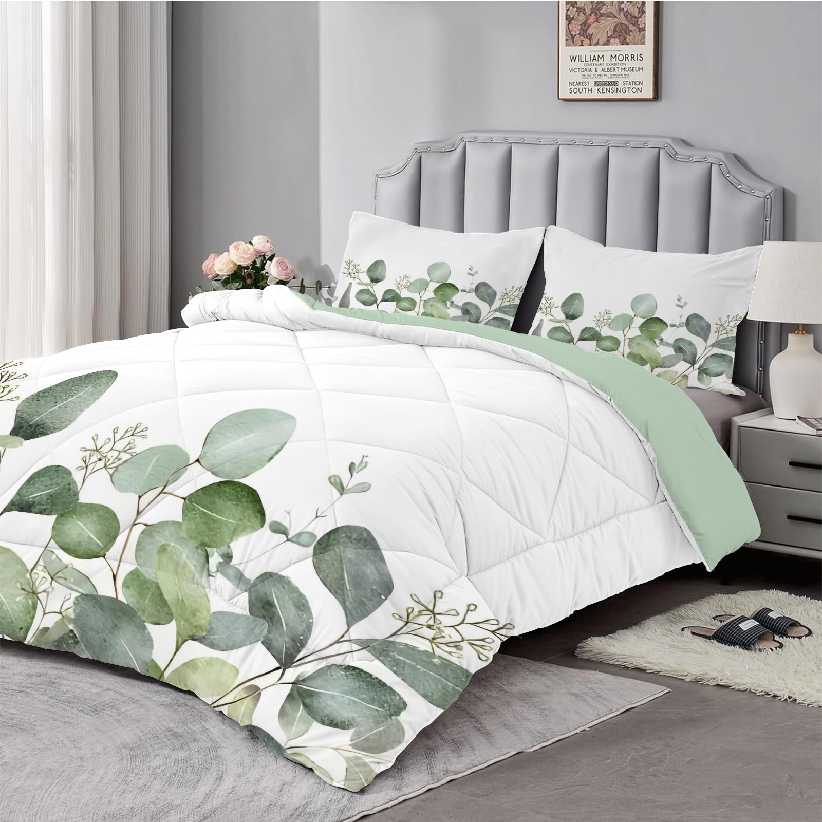 Dyausi Sage Green Single Duvet - Reversible Coverless Duvet 2 Piece - Summer Duvet With Leaves Floral Pattern - Lightweight Hypoallergenic And Machine Washable Comforter - Single 135X200cm