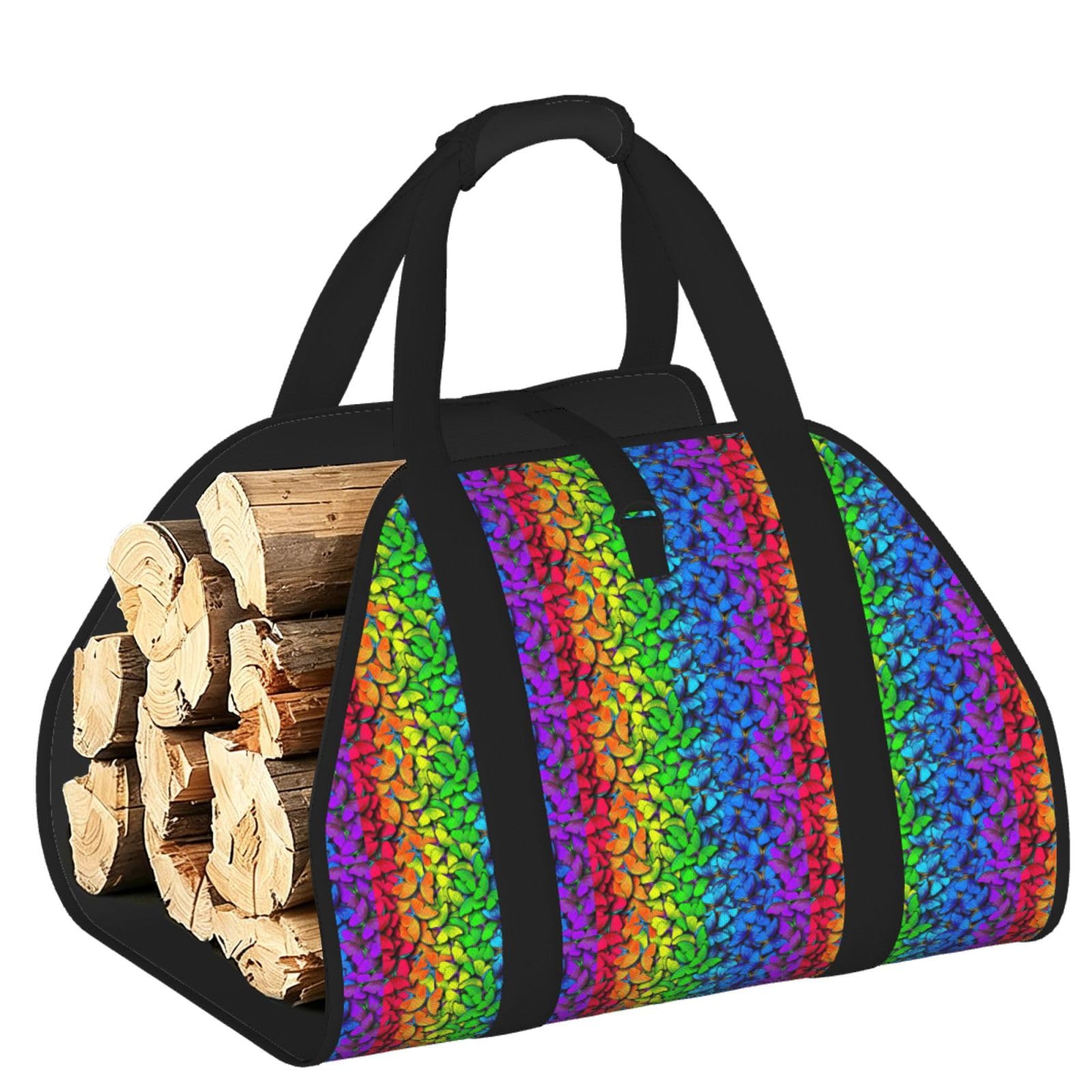 Ayyqwe Black Colorful Butterfly Print Firewood Bag Wood Waterproof Versatile Camping Picnic Storage Daily Home