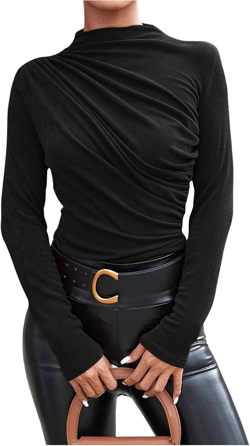 SweatyRocks Women's Mock Neck Ruched T Shirt Long Sleeve Casual Basic Top