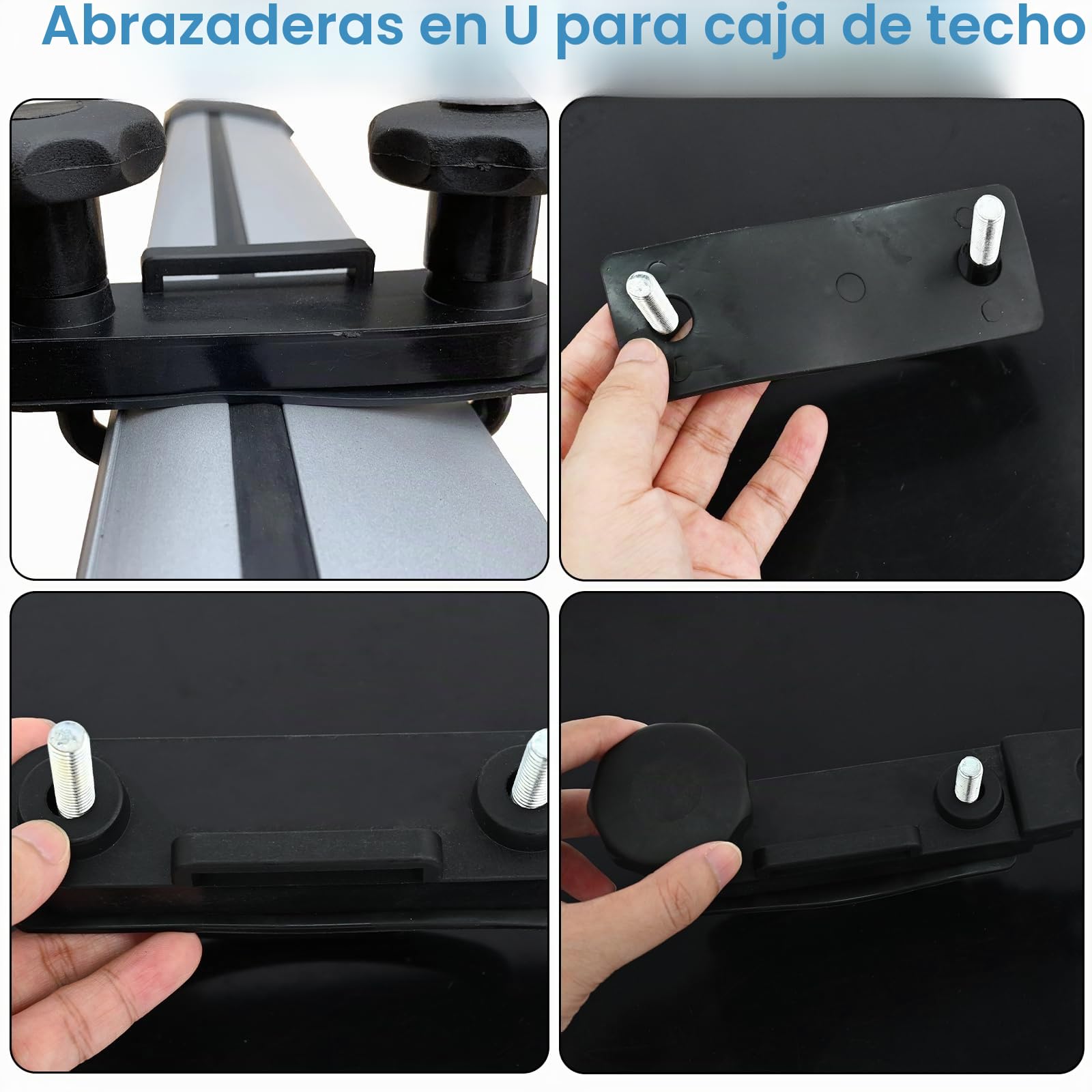 4 Piezas Fijación Cofre Techo, Soportes en U para Coche y Furgoneta, Kit Montaje Universal con 8 Tuercas de Bloqueo y 2 Correas de Sujeción