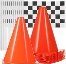Totority Racing Cones and Flags Set 12 Pcs 7 Inch Traffic Cones with Hand Waving Checkered Flags for Sports Training Race Car Birthday Party Decorations Outdoor Agility Drills and Field Markers