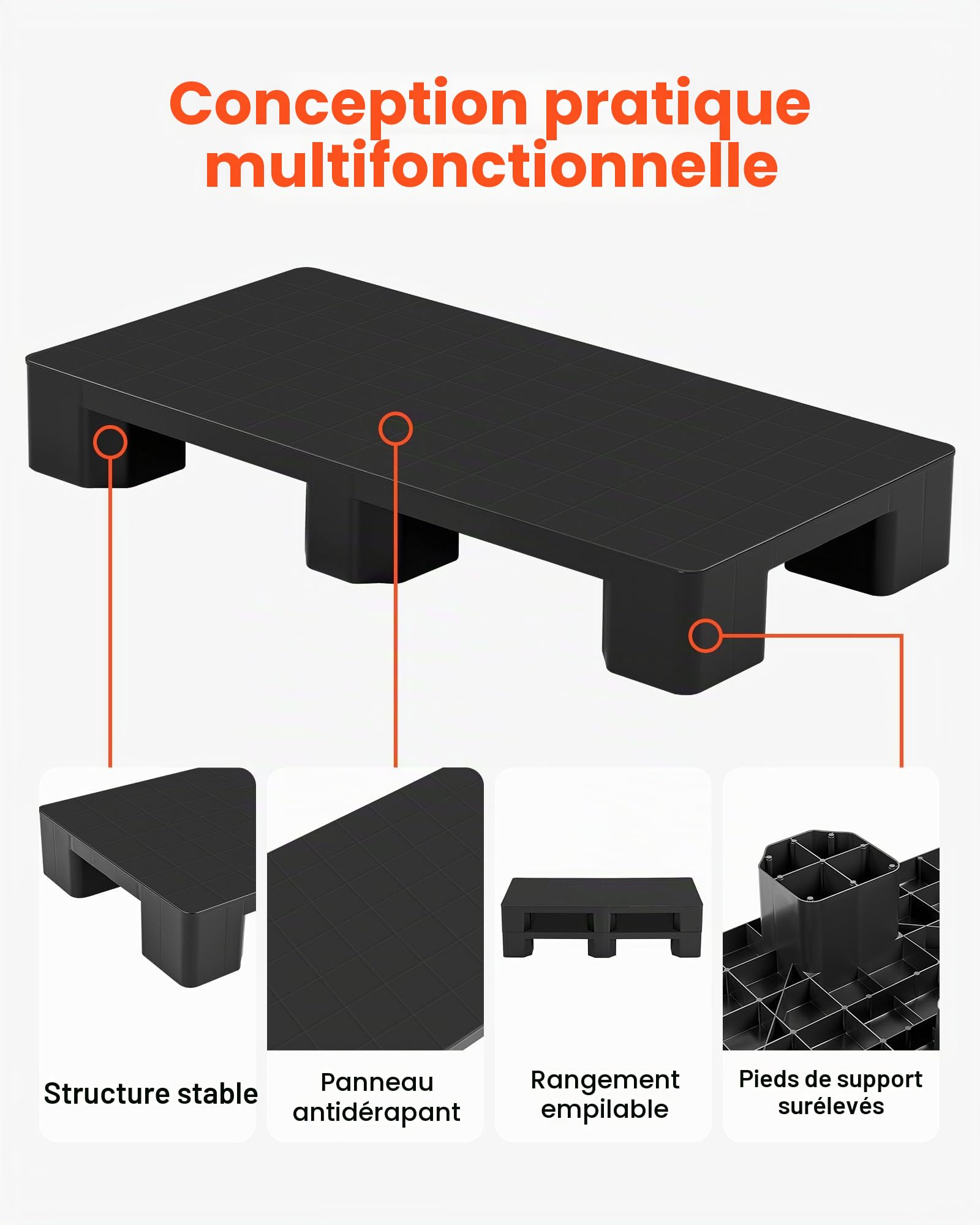 VEVOR Palette en Plastique Lot de 1, Palette de Sol avec Pieds de Support, Résistante à l'Humidité, Capacité de Charge jusqu'à 1000 kg, pour Sous-Sol, Entrepôt et Supermarché, 1000x500x136 mm, Noir