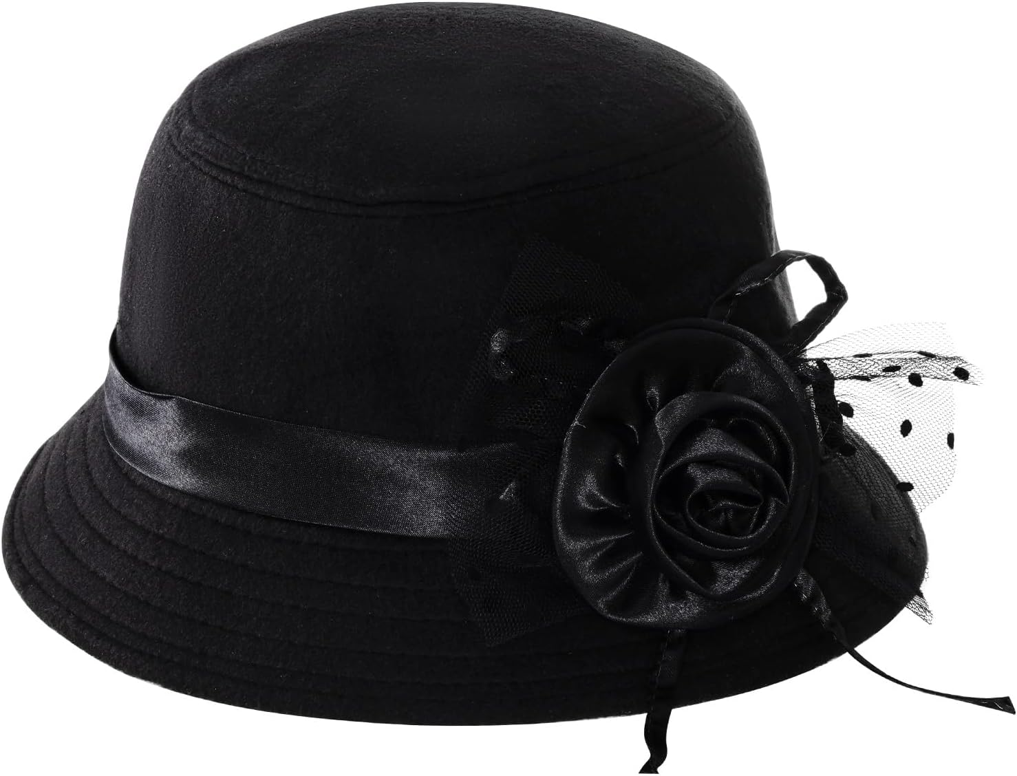 Vintage Felt Cloche Hat for Women Imitation Wool Flowers Bucket Cloche Bowler Hat Flat Brim Inner Lining Winter Spring Autumn Wedding Tea Parties Daily Wear Black