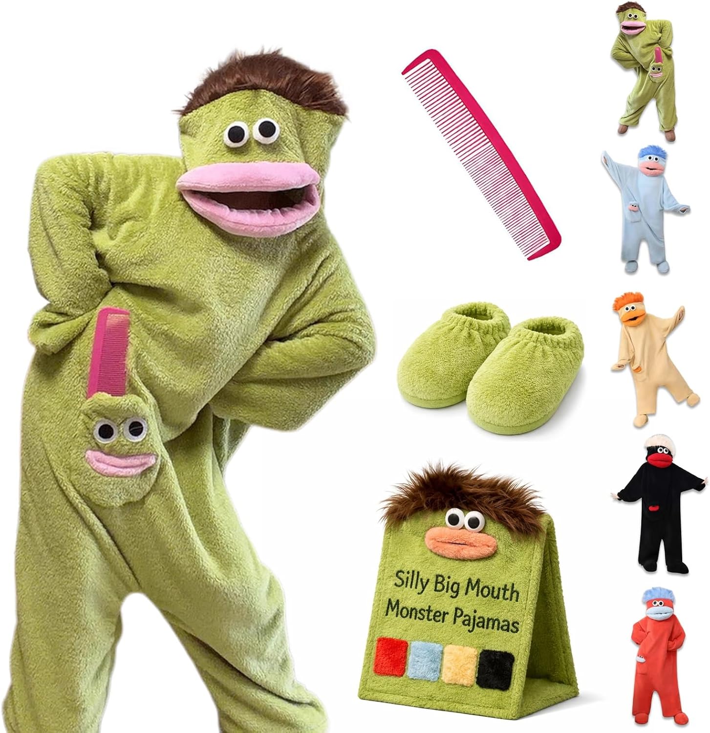 Goofy Fleece Onesies Adults Silly Big Mouth Monster Pajamas Funny Plush Hooded Loungewear Jumpsuit with Hair and Comb