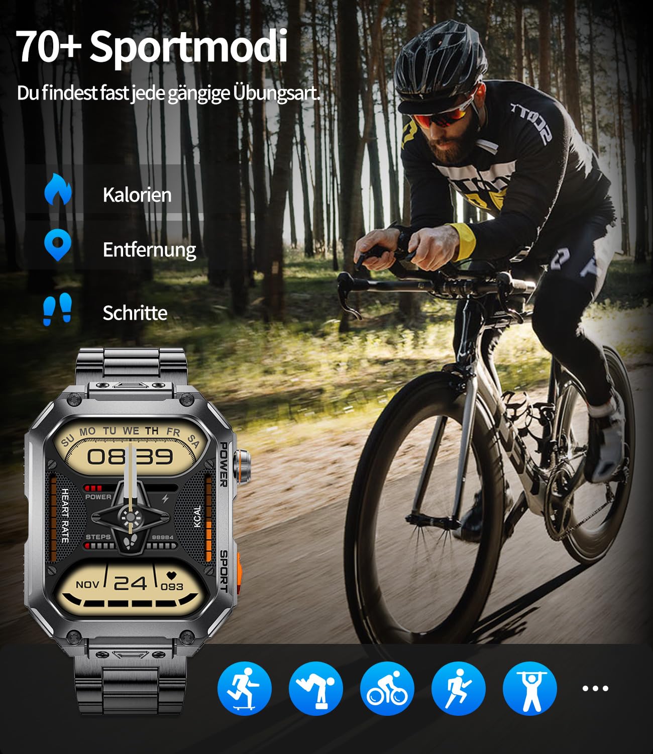 LIGE Męski zegarek wojskowy z funkcją telefonu, 1,96 cala HD, stalowy sprzęt, 400 mAh 5 ATM, wodoszczelny, 100 trybów sportowych, zegarek fitness, krokomierz