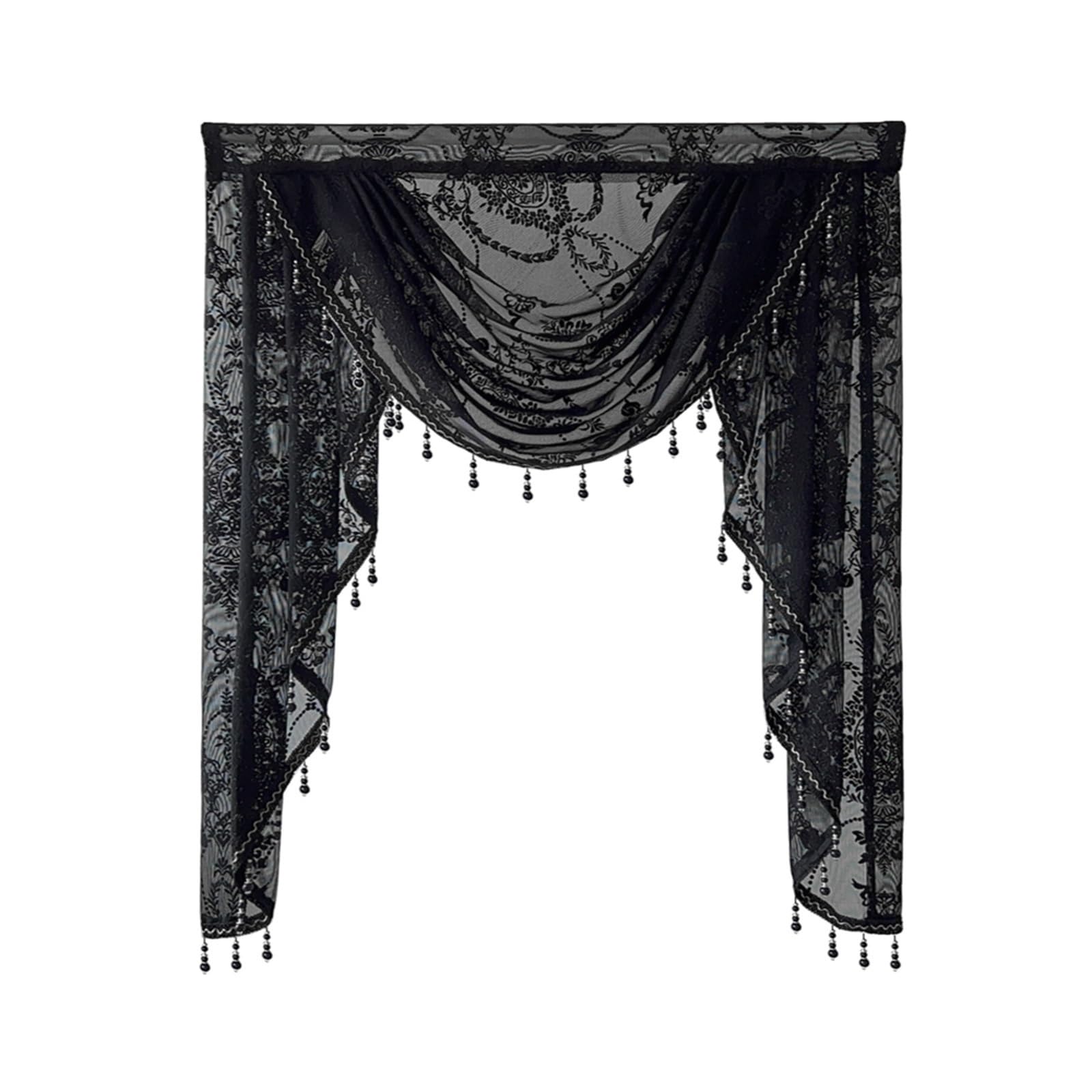 Cantonnière Cascade Dentelle Noire Vintage Floral Avec Pampilles Et Perles – 99x104 Cm, Style Gothique Halloween Chambre Rideau