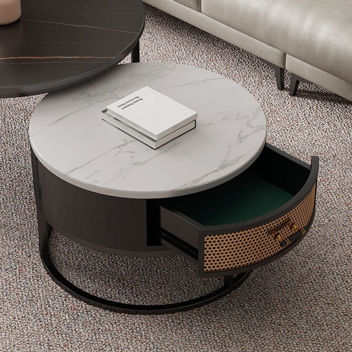 Tavolino ad incastro Set di 2 tavolini Rotondi Tavolino Moderno Cerchio Piano d'appoggio con cassetti per Soggiorno Camera da Letto Appartamento Moderno (Colore : Nero, Dimensioni : 70 * 45cm+50